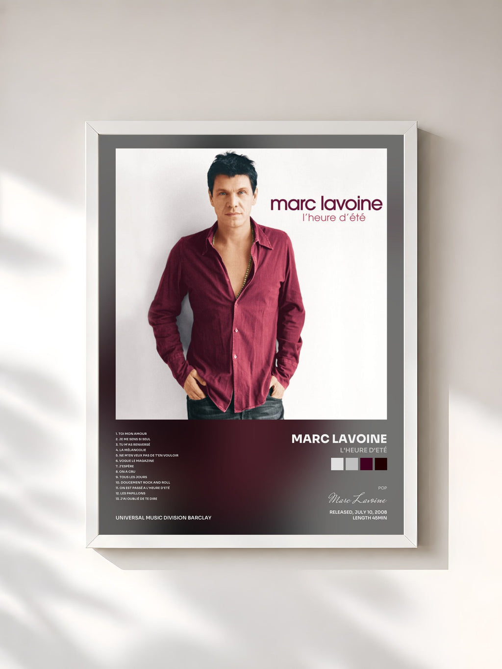 #blanc Tableau de l'album L'Heure D'Eté de Marc Lavoine, cadre blanc, imprimé et encadré en France