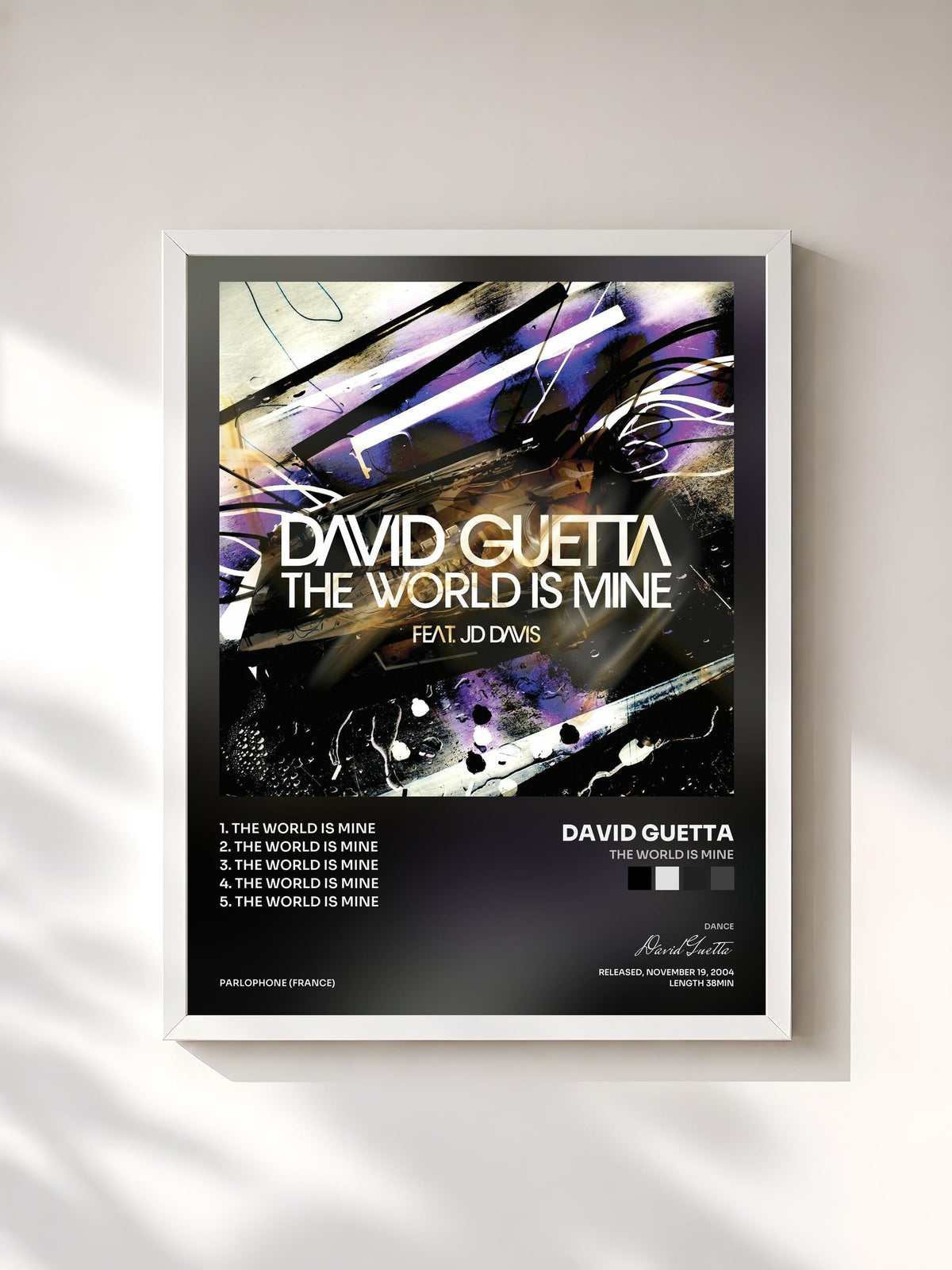 #blanc Tableau de l'album The World Is Mine de David Guetta, cadre blanc, imprimé et encadré en France
