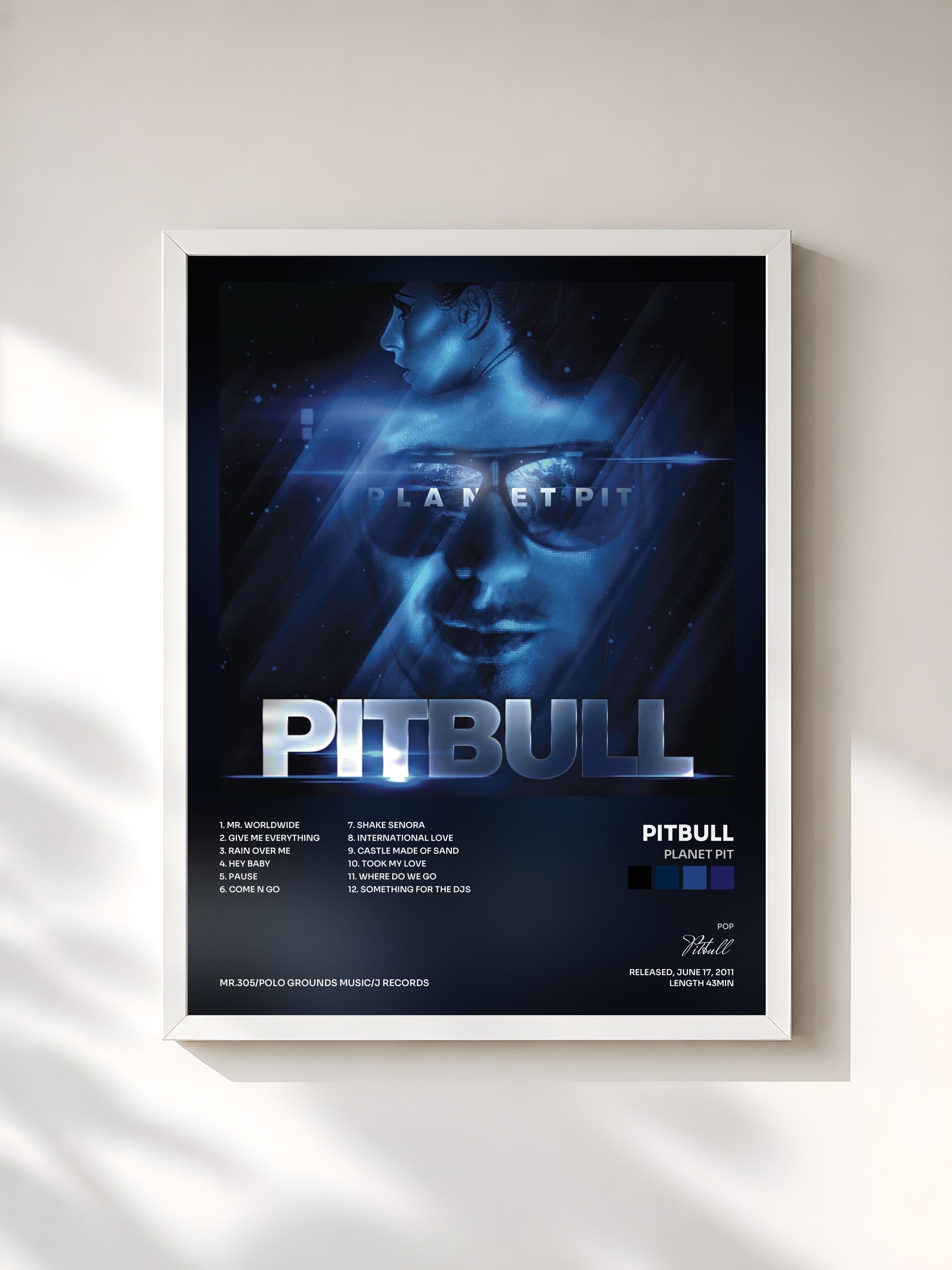 #blanc Planet Pit by Pitbull as a framed art print, white frame, printed and framed in France