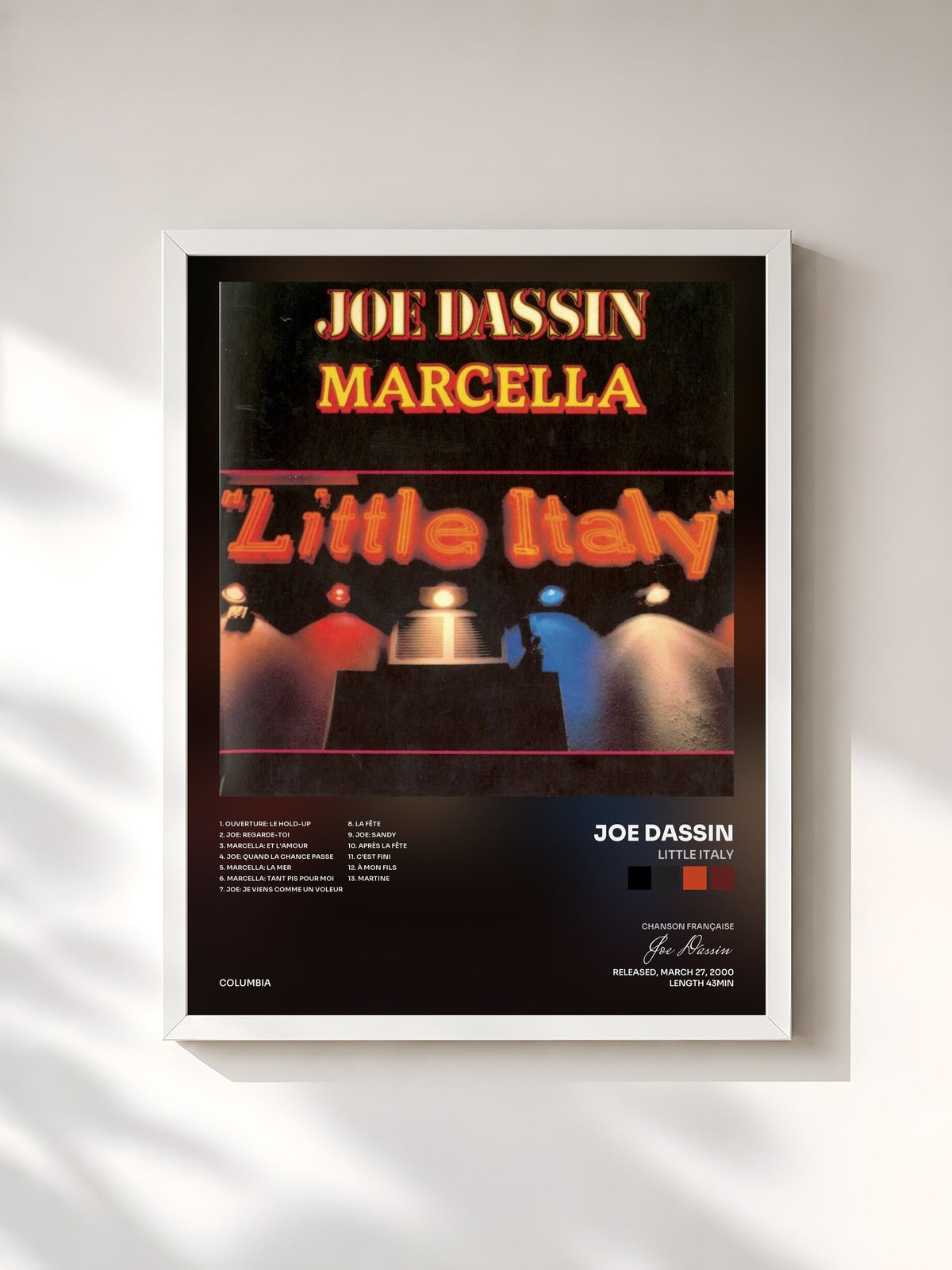 #blanc Tableau de l'album Little Italy de Joe Dassin, cadre blanc, imprimé et encadré en France