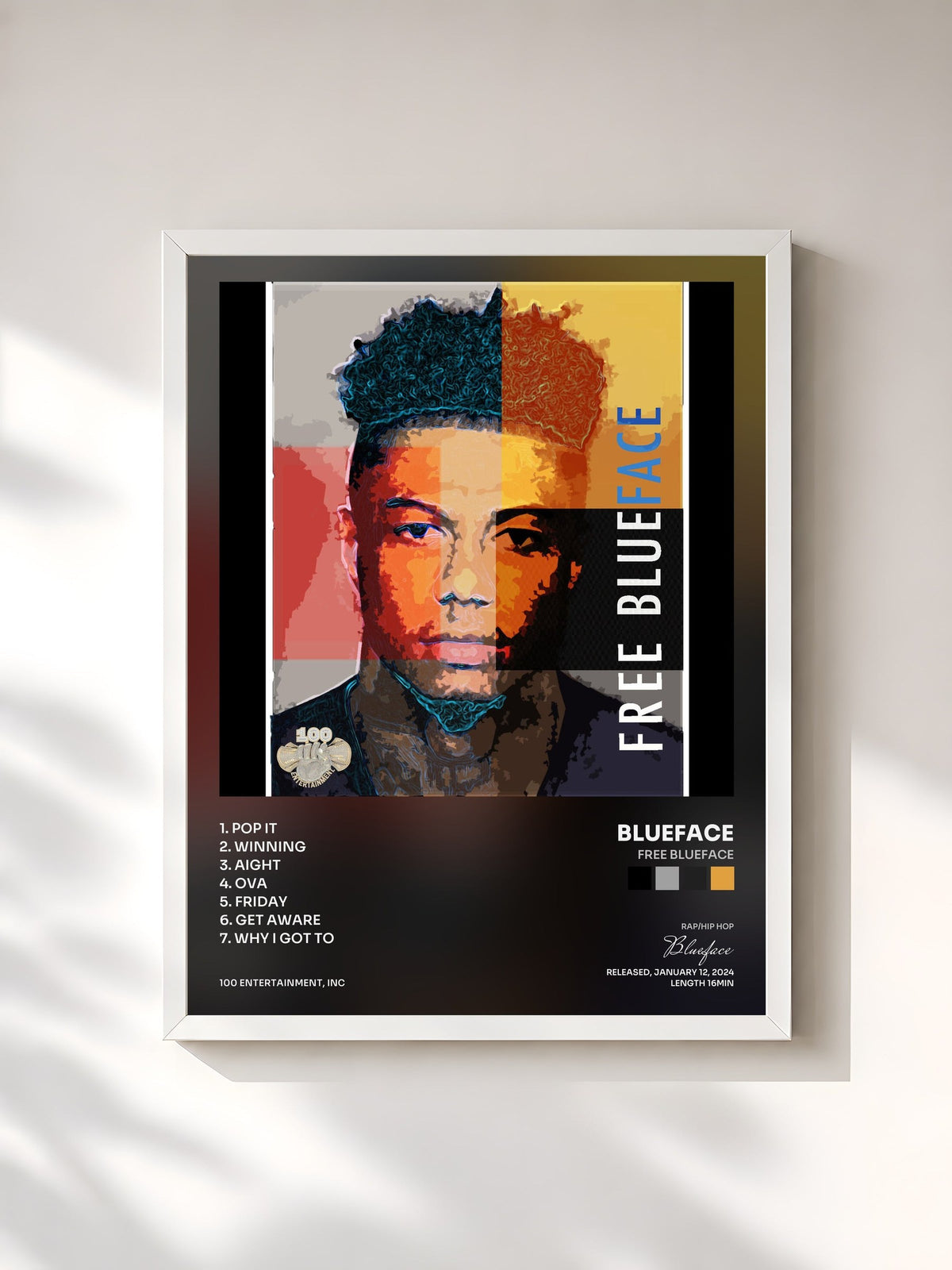 #blanc Tableau de l'album Free Blueface de Blueface, cadre blanc, imprimé et encadré en France