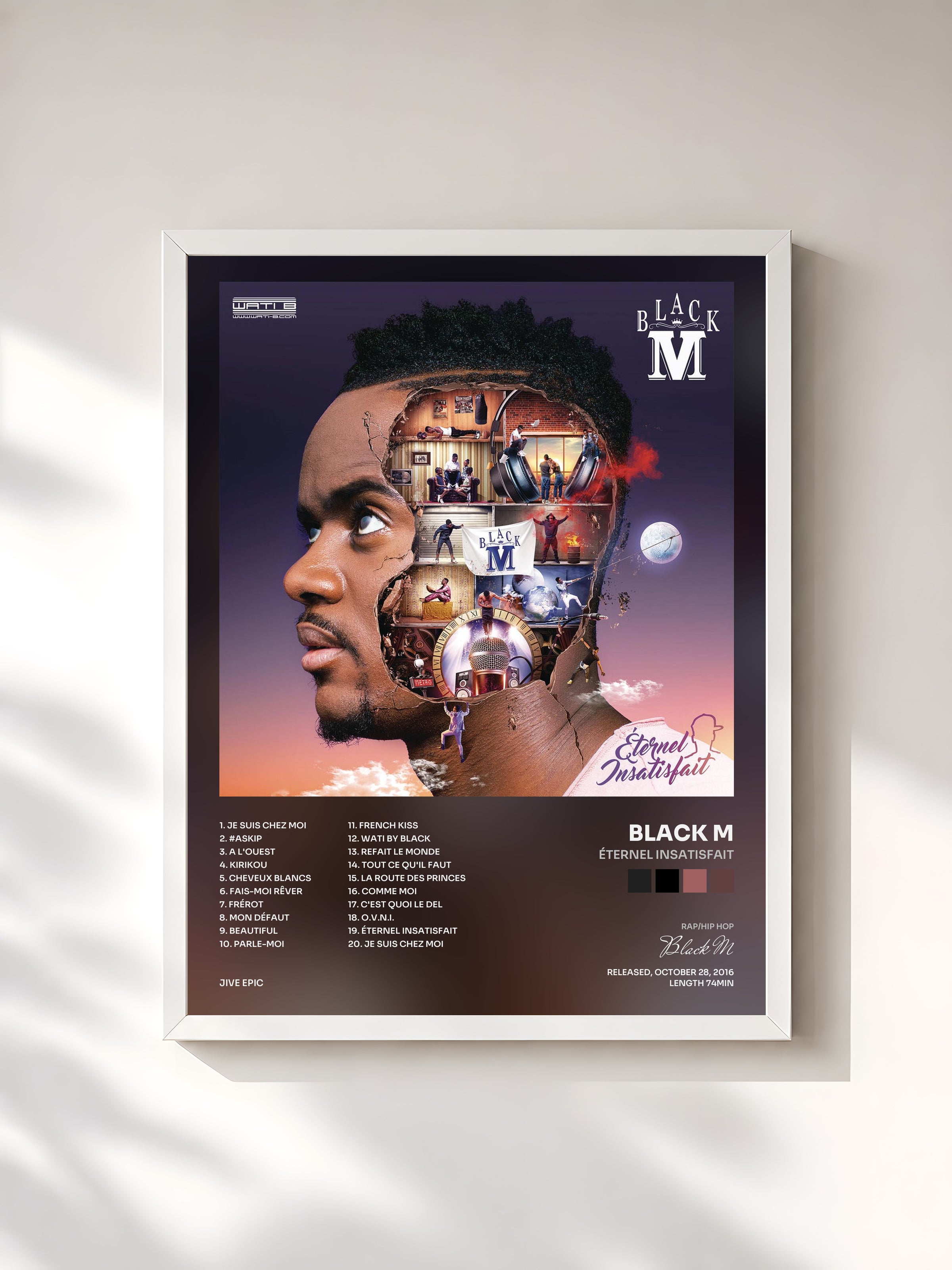 #blanc Tableau de l'album Éternel insatisfait de Black M, cadre blanc, imprimé et encadré en France