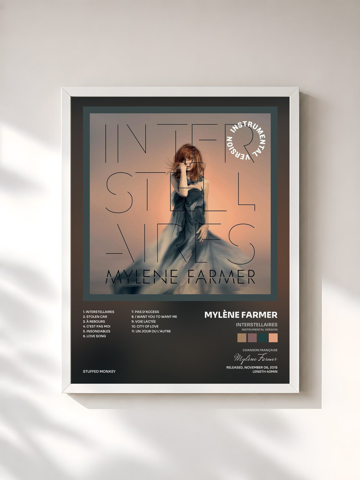 #blanc Tableau de l'album Interstellaires (Instrumental Version) de Mylène Farmer, cadre blanc, imprimé et encadré en France