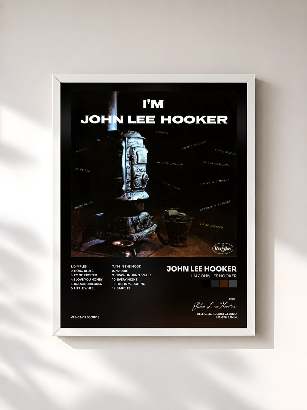 #blanc I'm John Lee Hooker von John Lee Hooker als gerahmter Kunstdruck, weißer Rahmen, gedruckt und gerahmt in Frankreich