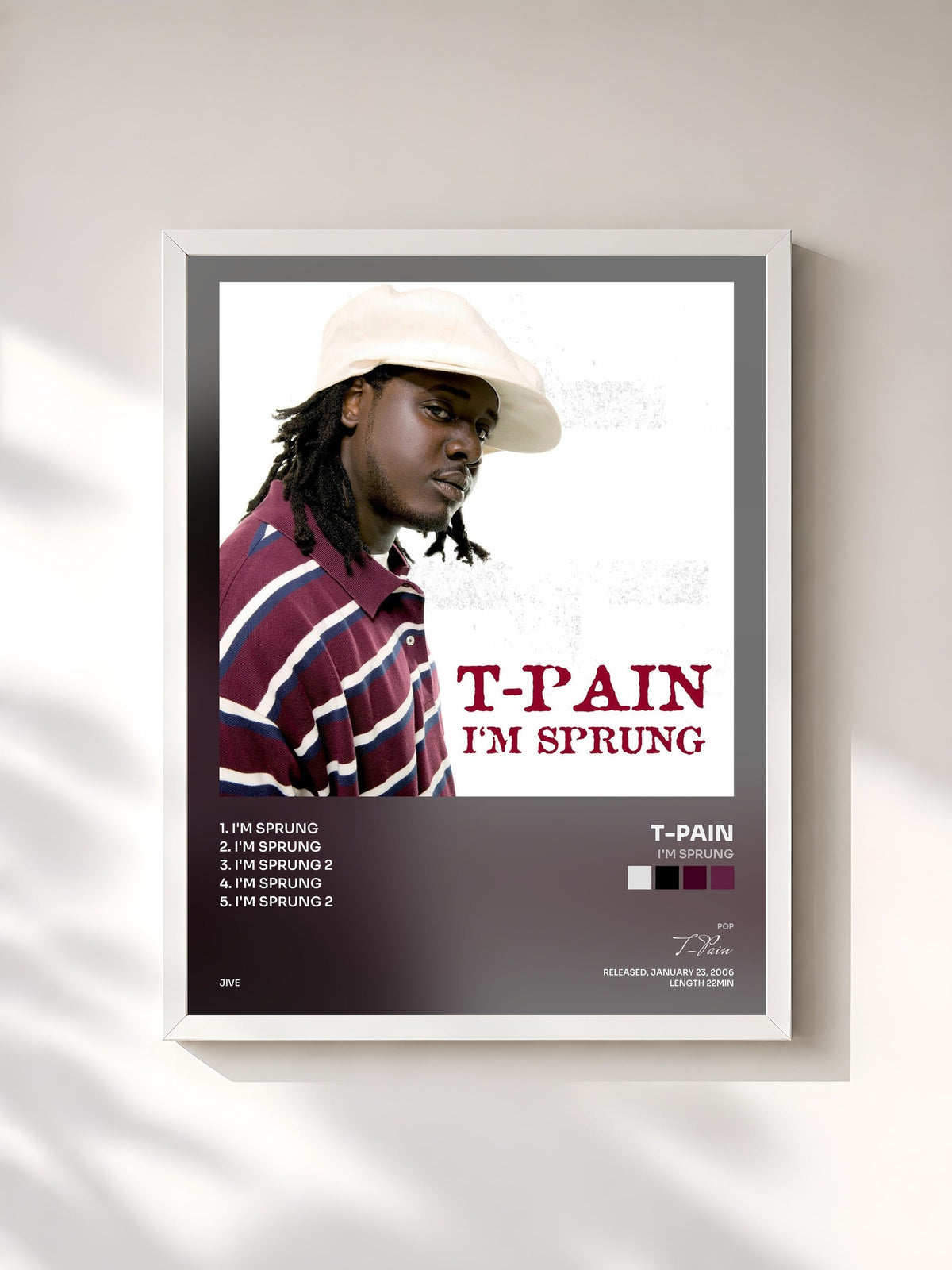 #blanc Tableau de l'album I'm Sprung de T-Pain, cadre blanc, imprimé et encadré en France