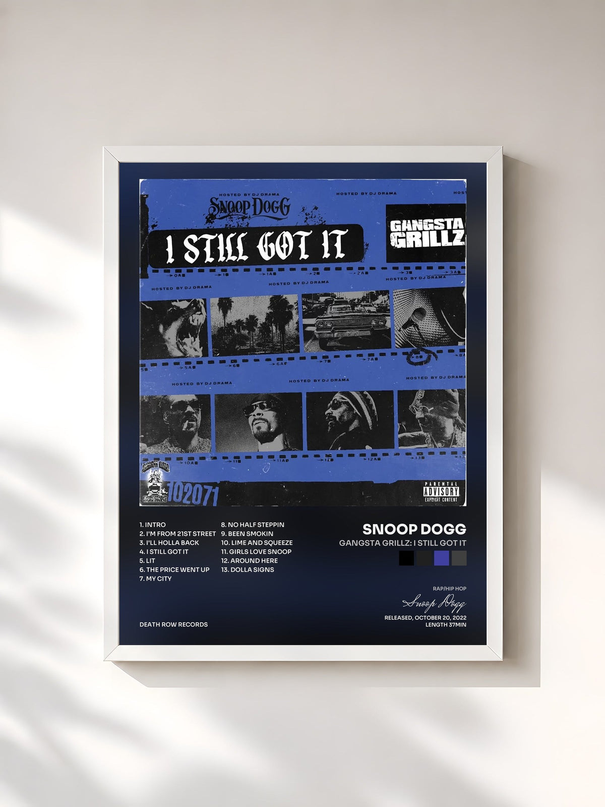 #blanc Tableau de l'album Gangsta Grillz: I Still Got It de Snoop Dogg, cadre blanc, imprimé et encadré en France