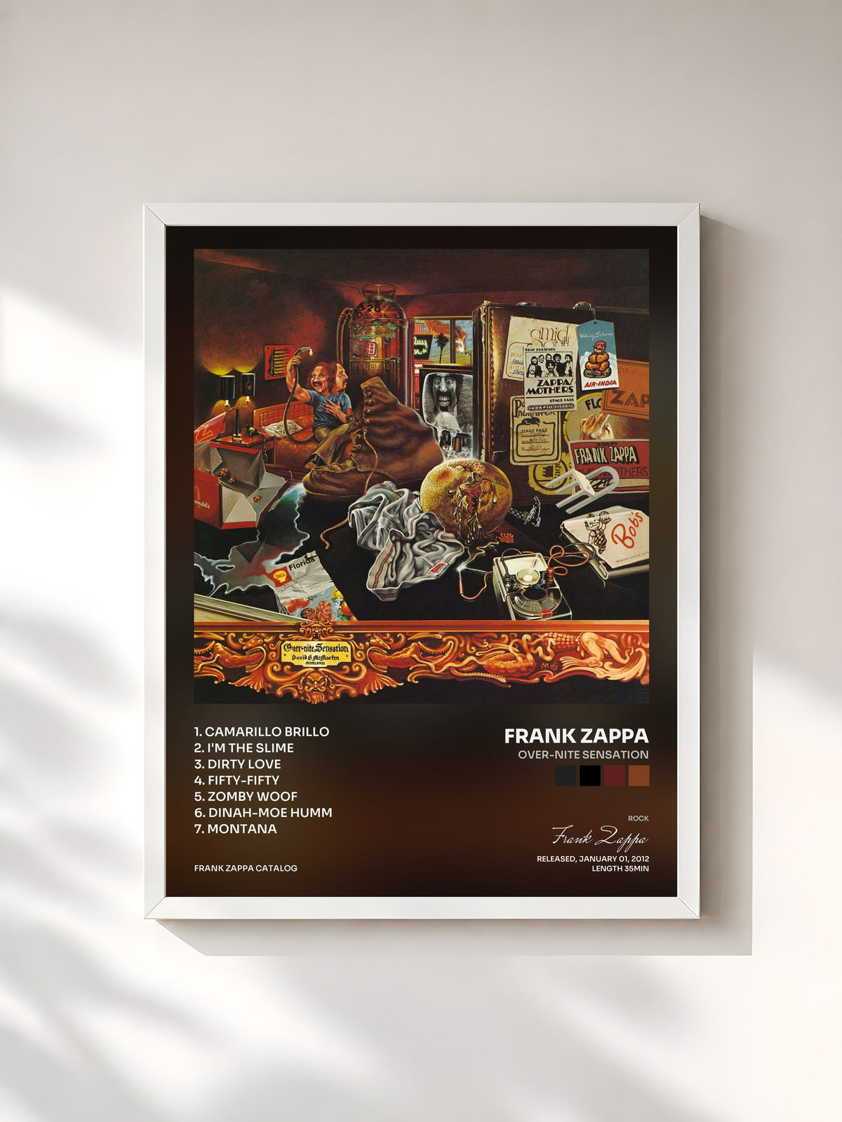 #blanc Tableau de l'album Over-Nite Sensation de Frank Zappa, cadre blanc, imprimé et encadré en France