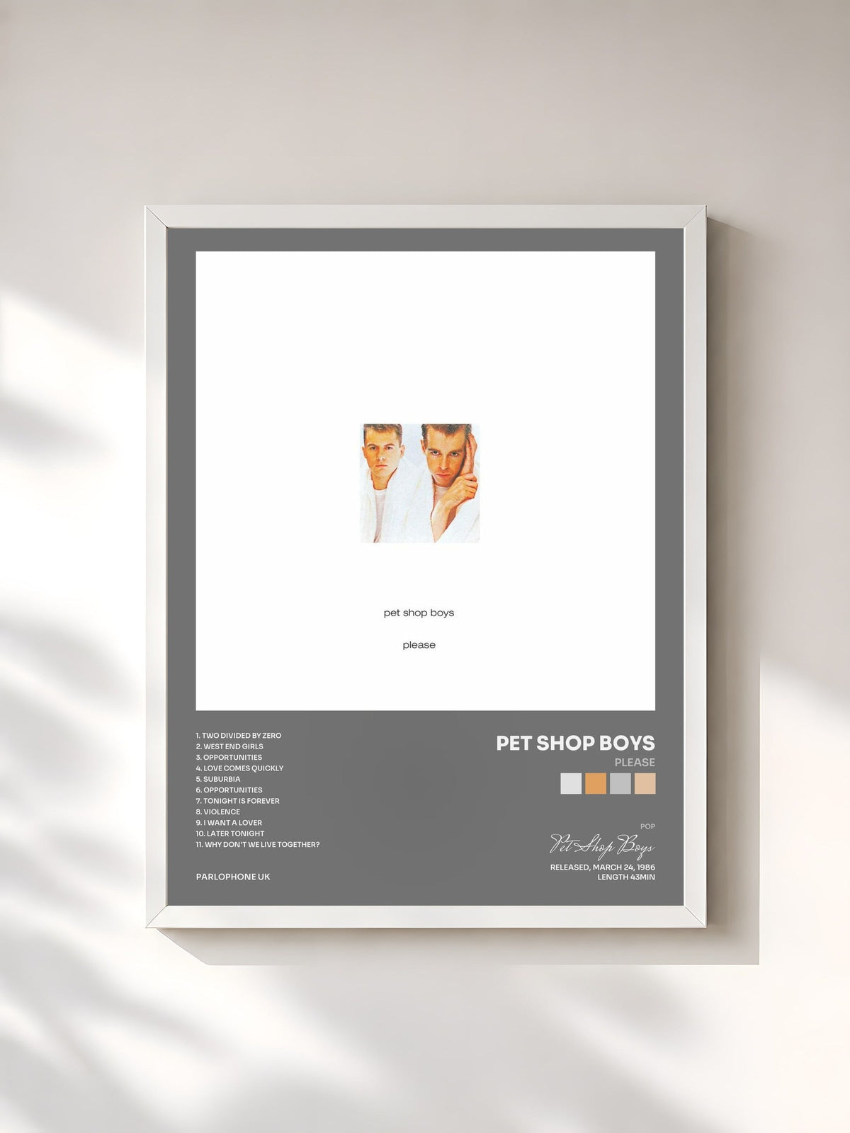 #blanc Tableau de l'album Please de Pet Shop Boys, cadre blanc, imprimé et encadré en France