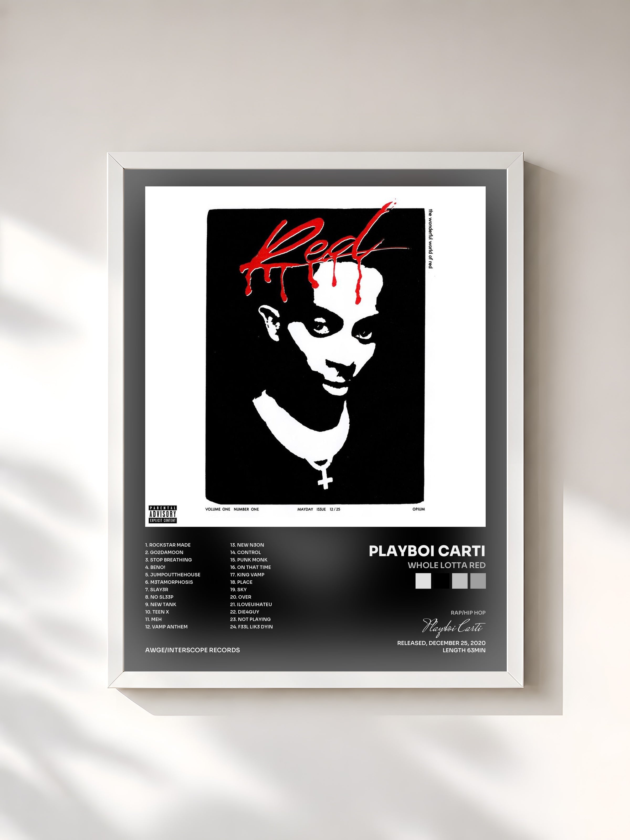 #blanc Whole Lotta Red by Playboi Carti as a framed art print, white frame, printed and framed in France