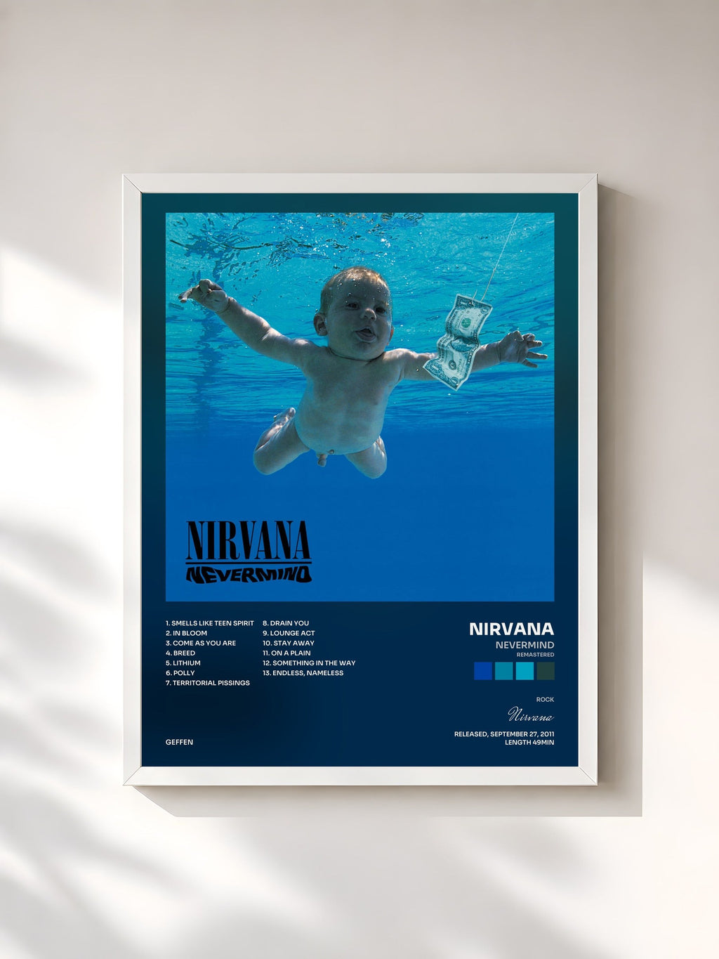 #blanc Tableau de l'album Nevermind (Remastered) de Nirvana, cadre blanc, imprimé et encadré en France