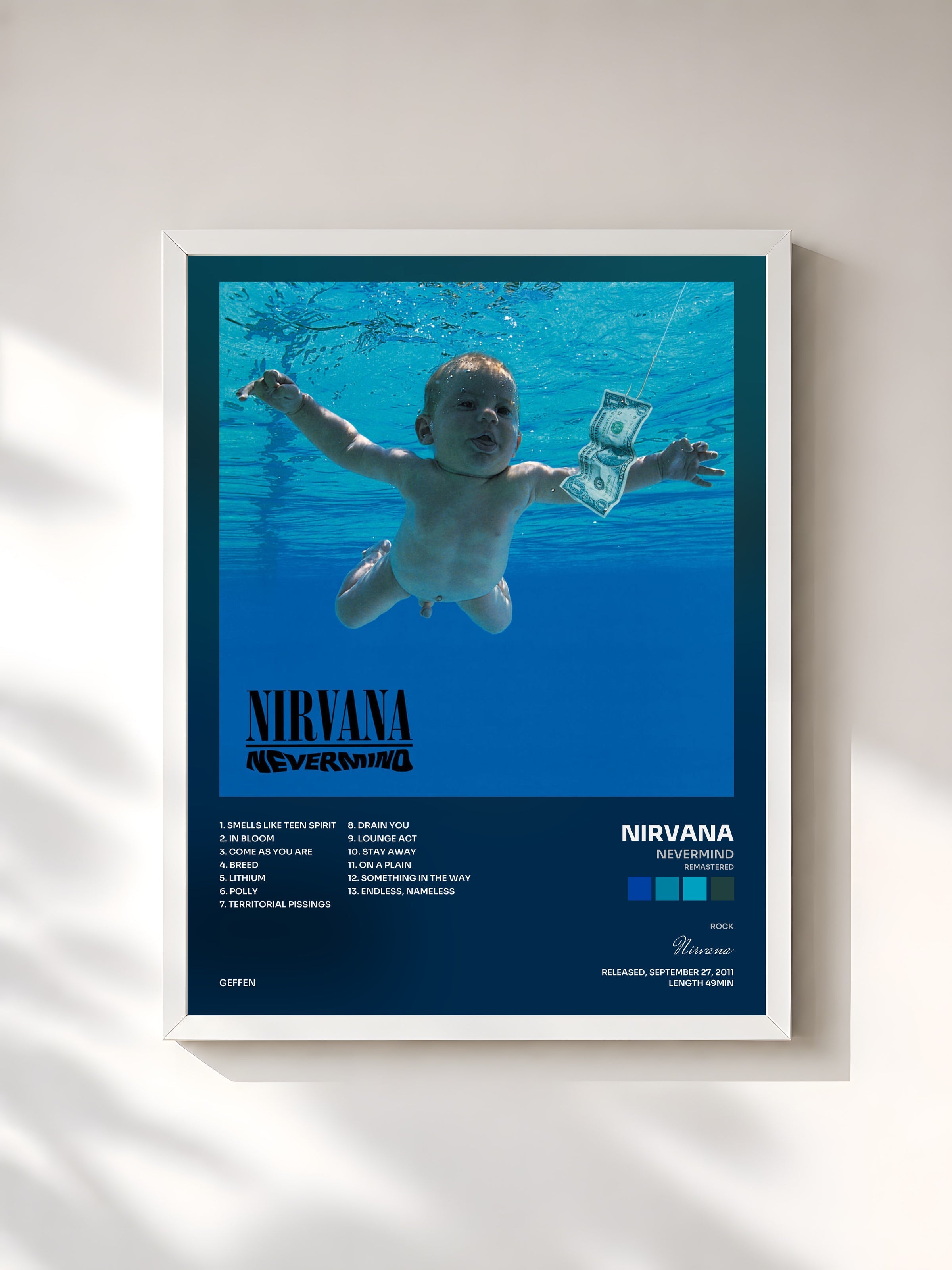#blanc Nevermind (Remastered) di Nirvana in stampa incorniciata, cornice bianca, stampata e incorniciata in Francia