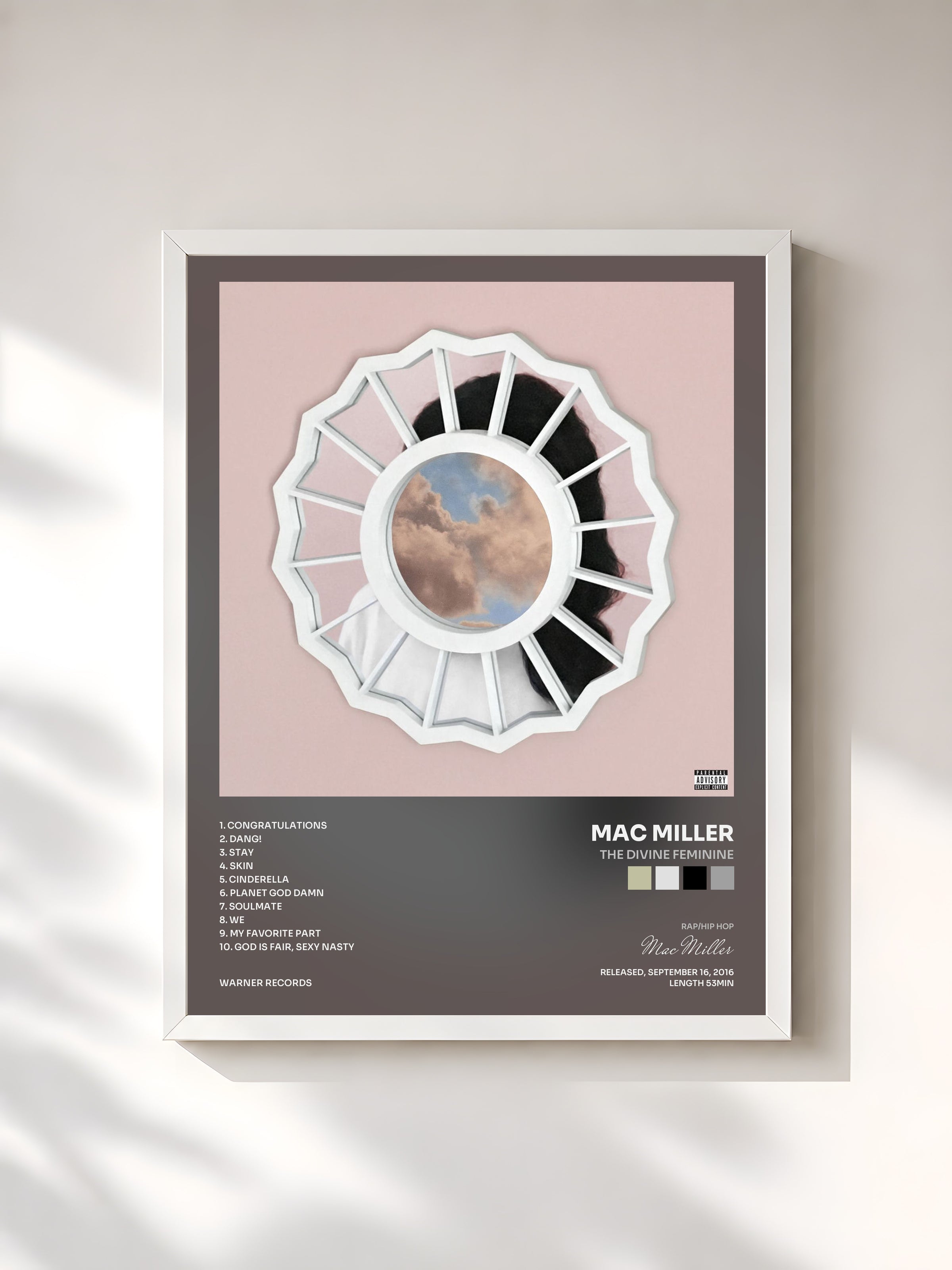 #blanc Tableau de l'album The Divine Feminine de Mac Miller, cadre blanc, imprimé et encadré en France