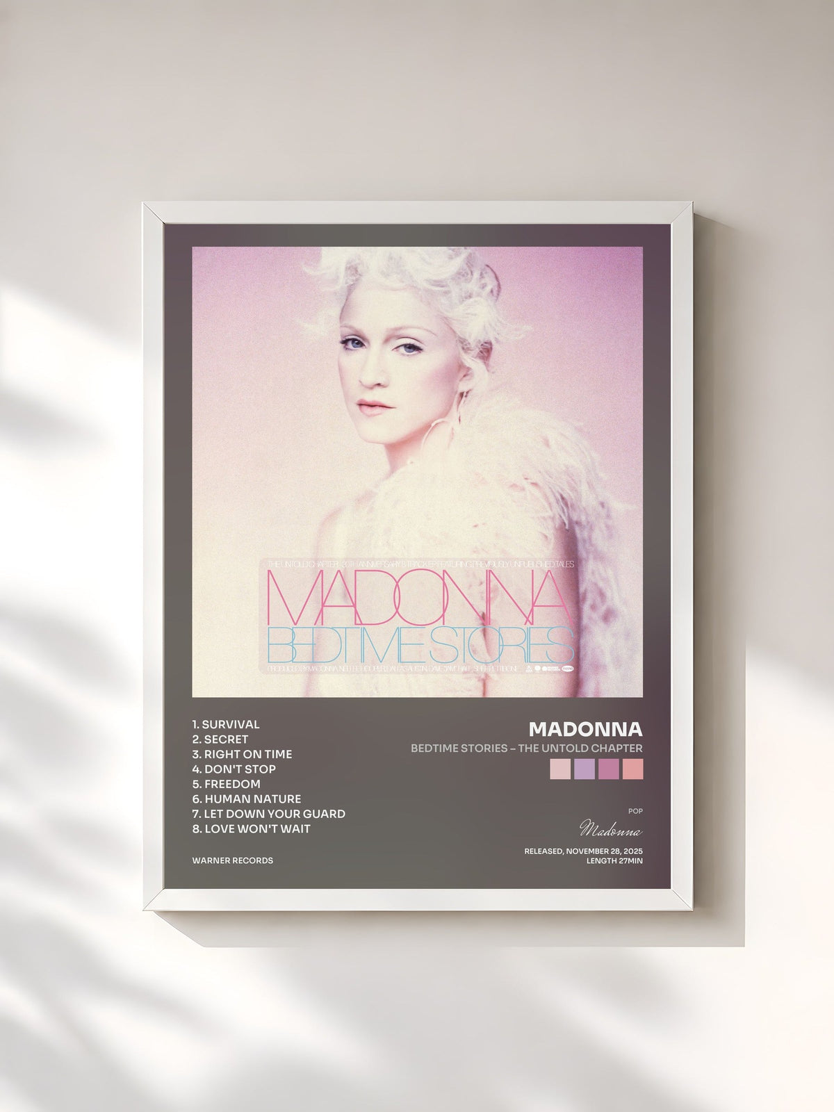 #blanc Tableau de l'album Bedtime Stories – The Untold Chapter de Madonna, cadre blanc, imprimé et encadré en France