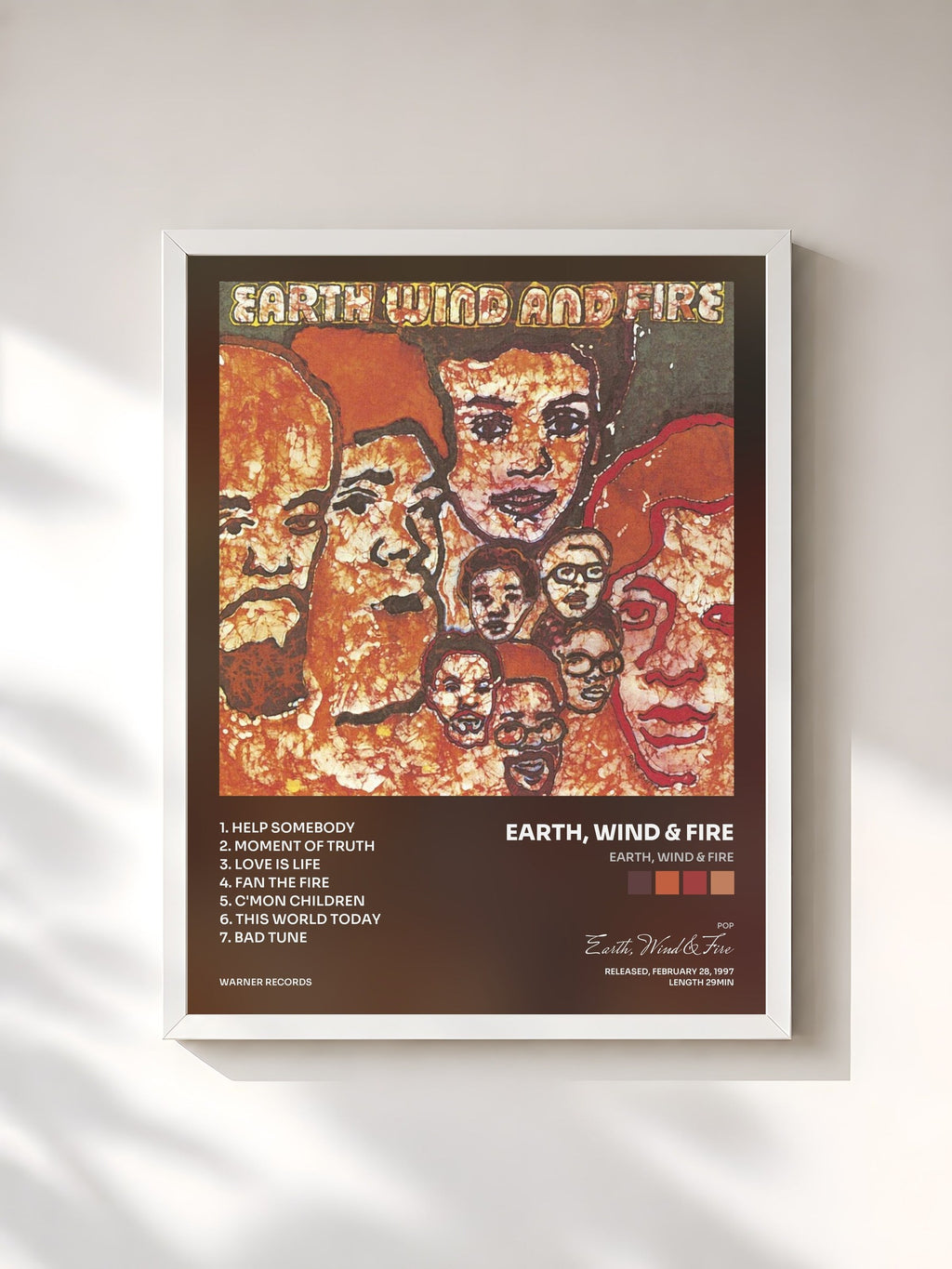 #blanc Tableau de l'album Earth, Wind & Fire de Earth, Wind & Fire, cadre blanc, imprimé et encadré en France