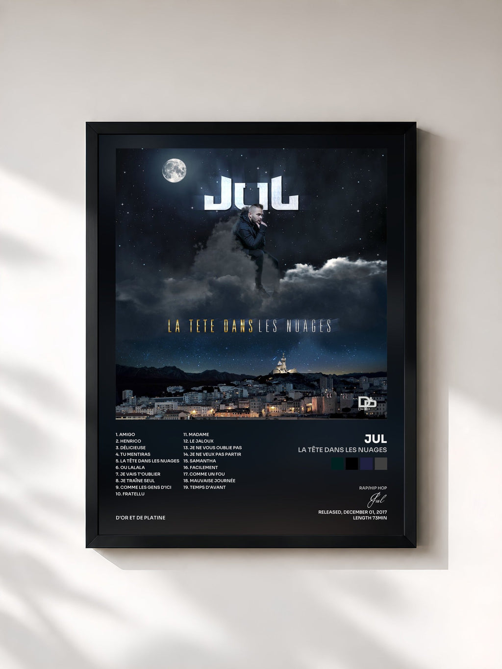 #noir Tableau de l'album La tête dans les nuages de Jul, cadre noir, imprimé et encadré en France