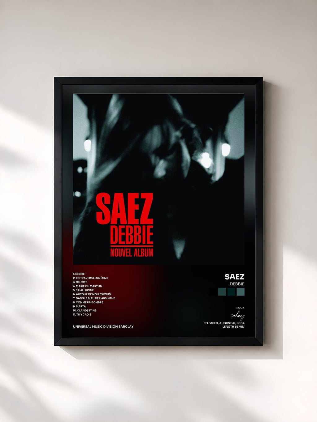 #noir Tableau de l'album Debbie de Saez, cadre noir, imprimé et encadré en France