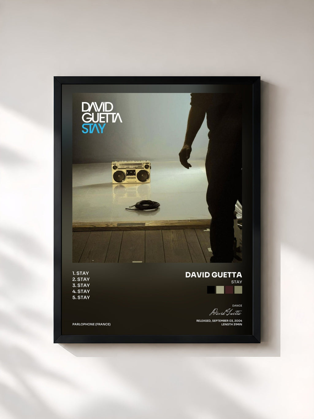#noir Tableau de l'album Stay de David Guetta, cadre noir, imprimé et encadré en France