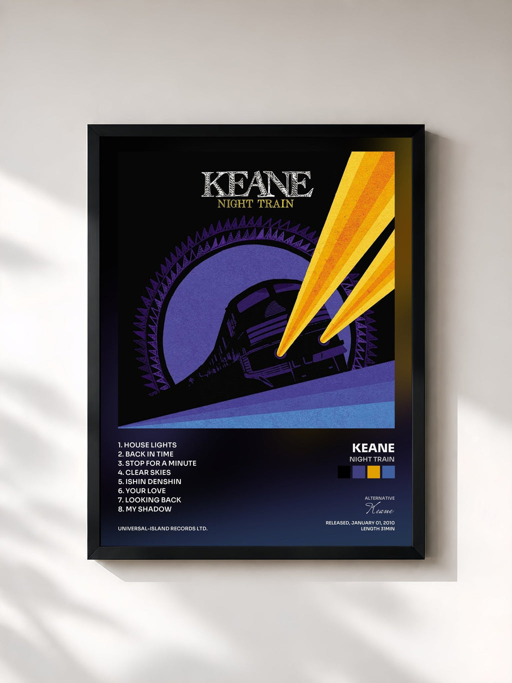 #noir Tableau de l'album Night Train de Keane, cadre noir, imprimé et encadré en France
