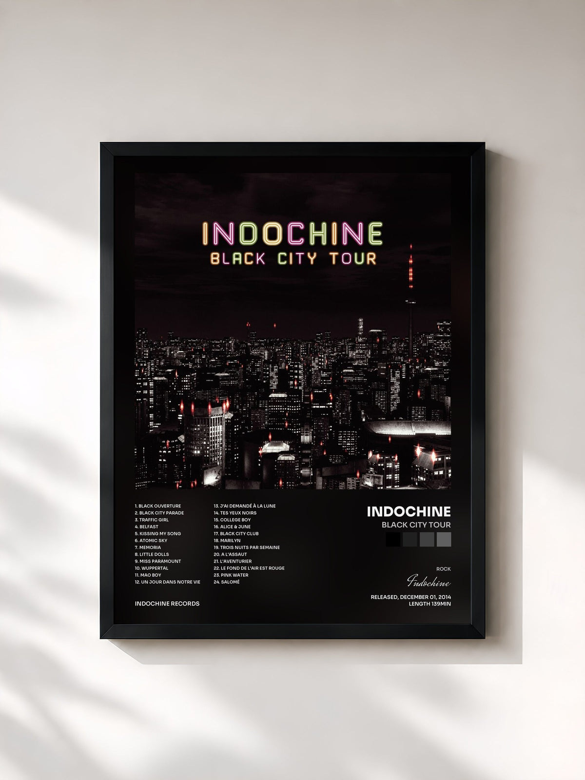 #noir Black City Tour by Indochine as a framed art print, black frame, printed and framed in France