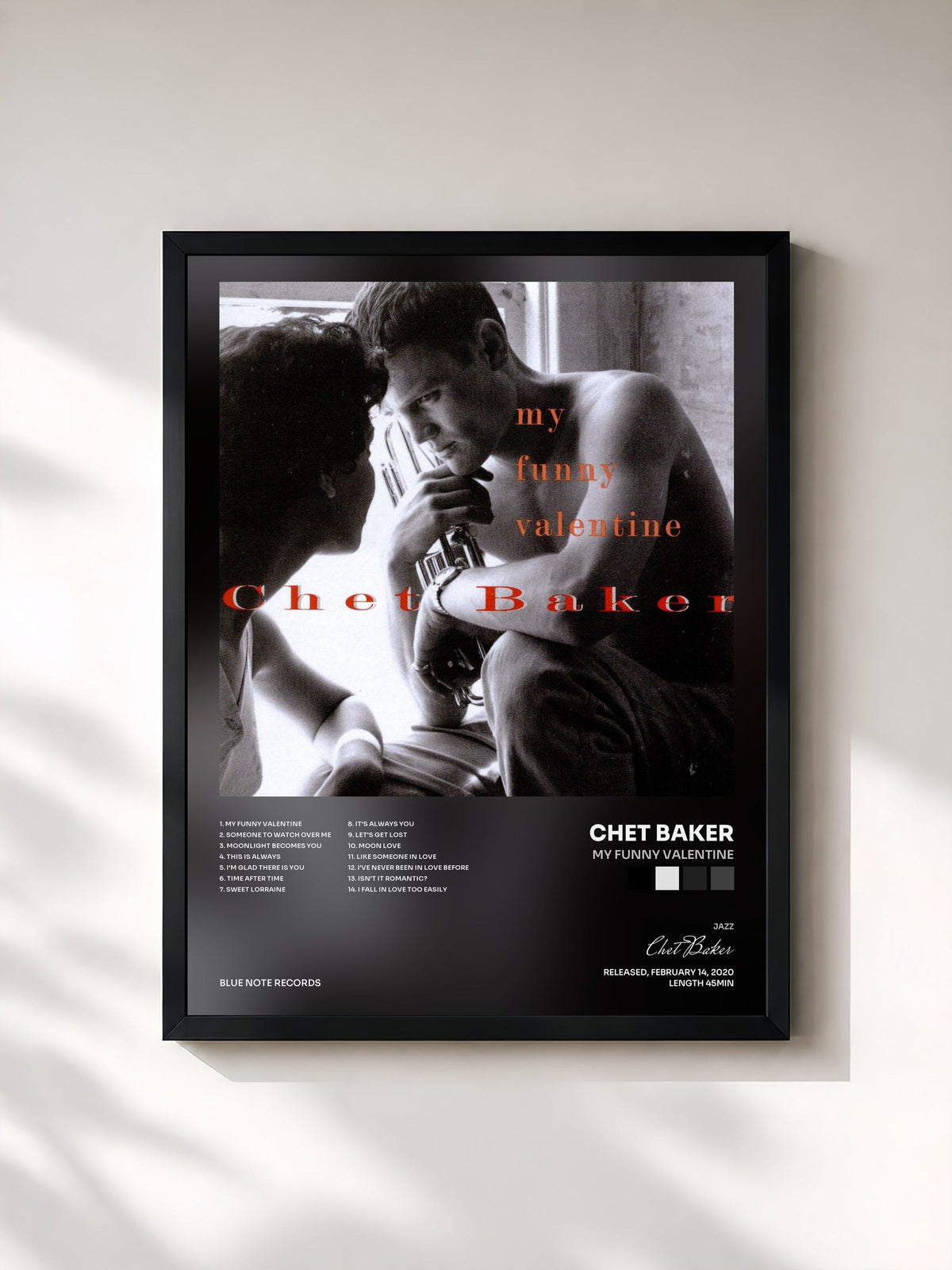 #noir Tableau de l'album My Funny Valentine de Chet Baker, cadre noir, imprimé et encadré en France