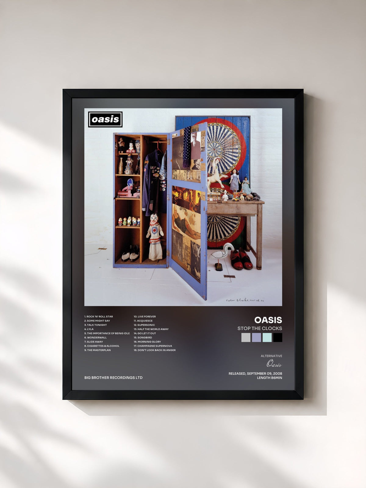 #noir Tableau de l'album Stop The Clocks de Oasis, cadre noir, imprimé et encadré en France