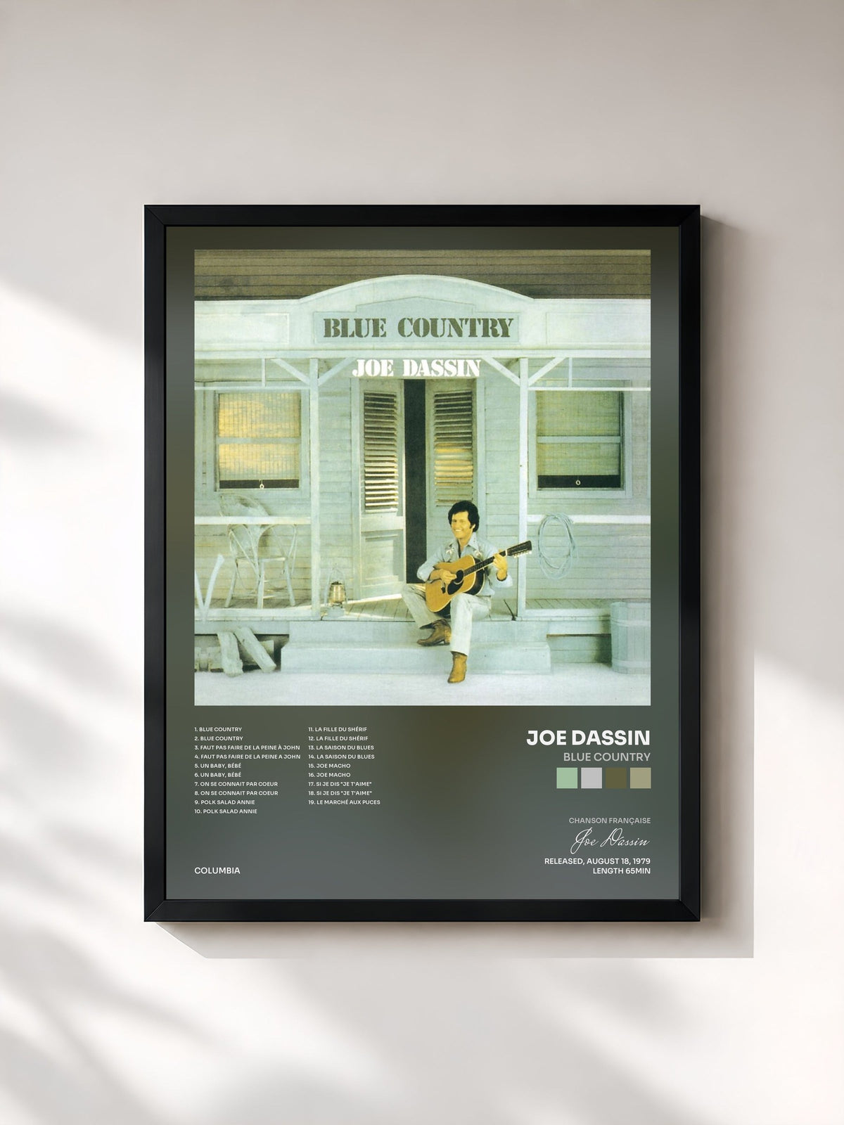 #noir Blue Country by Joe Dassin as a framed art print, black frame, printed and framed in France