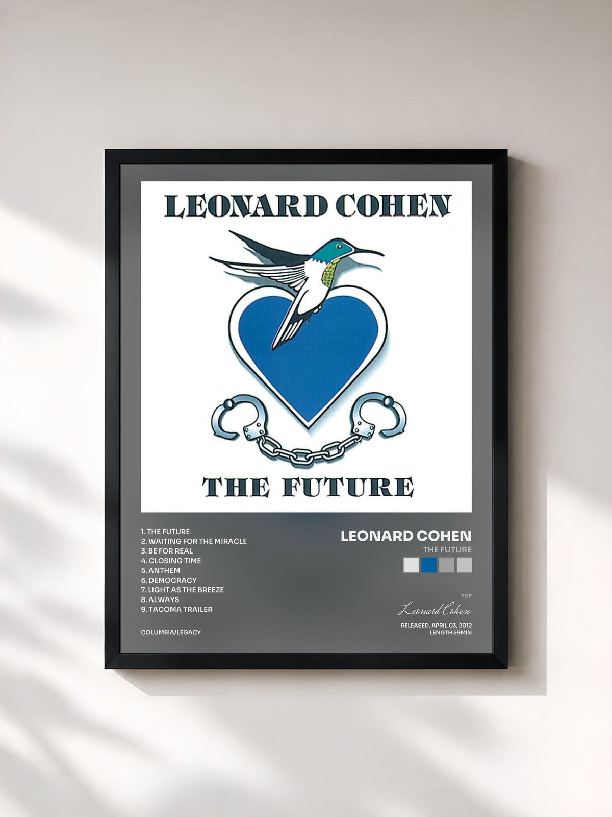 #noir Tableau de l'album The Future de Leonard Cohen, cadre noir, imprimé et encadré en France