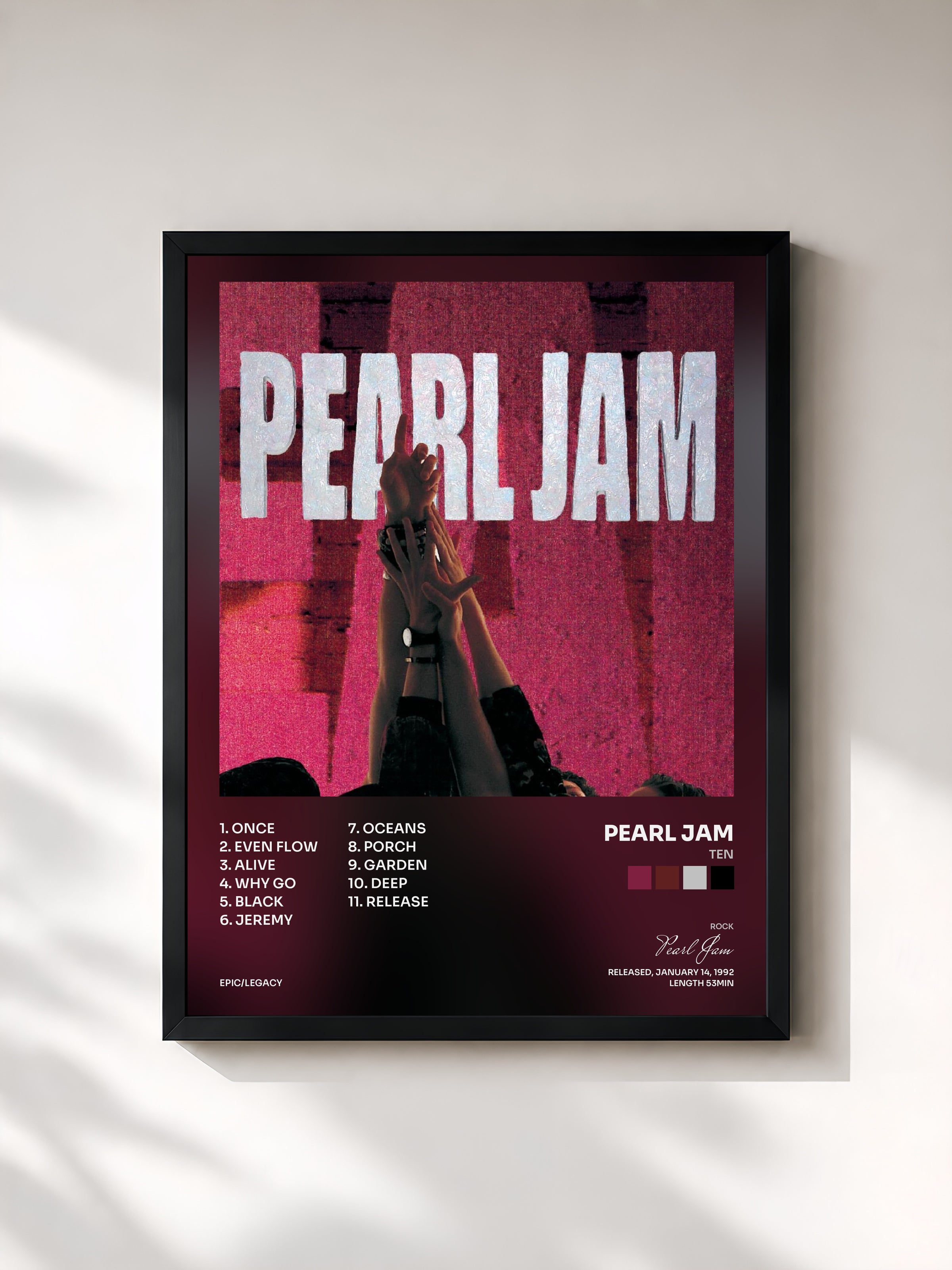#noir Tableau de l'album Ten de Pearl Jam, cadre noir, imprimé et encadré en France