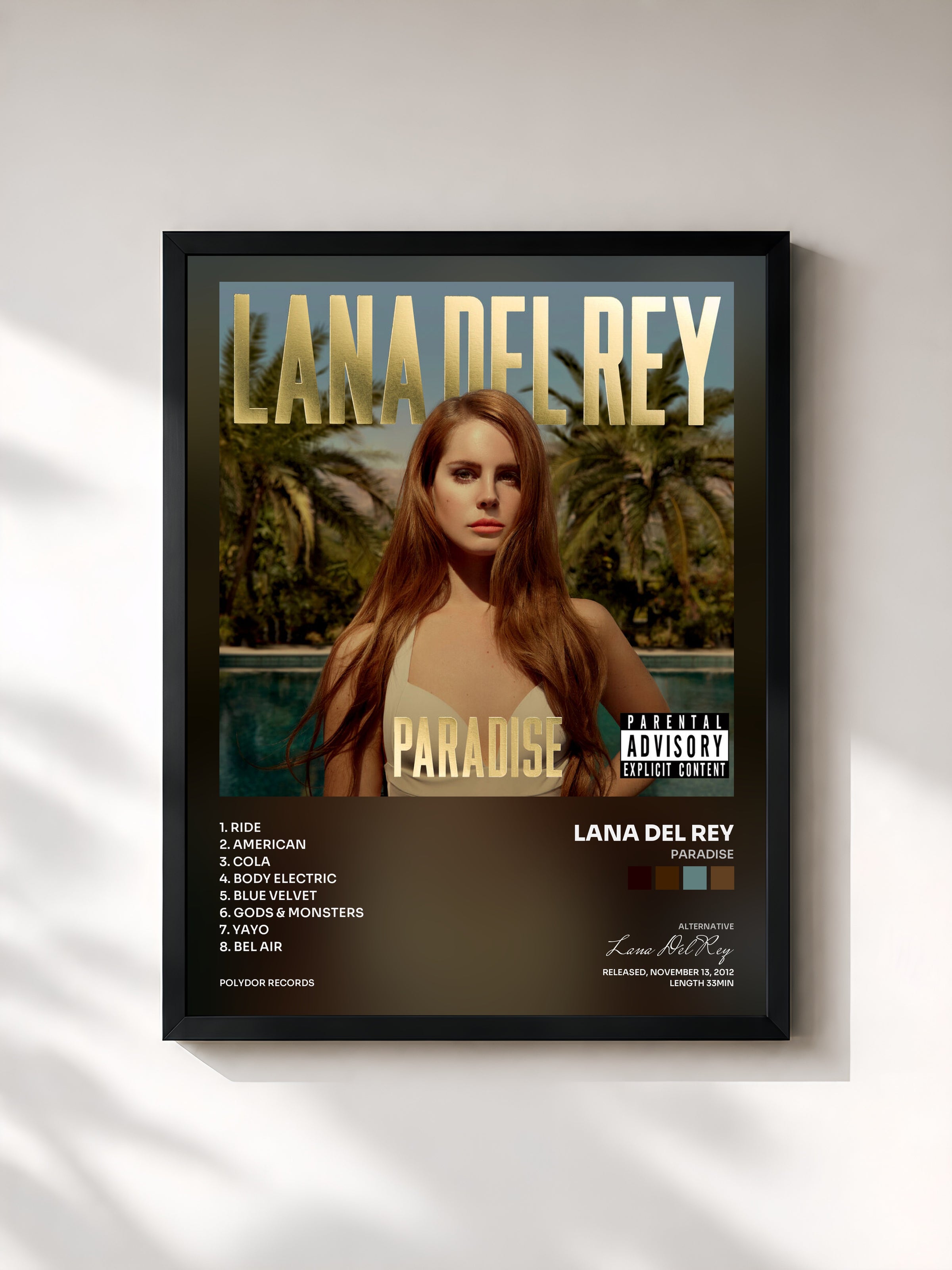 #noir Tableau de l'album Paradise de Lana Del Rey, cadre noir, imprimé et encadré en France