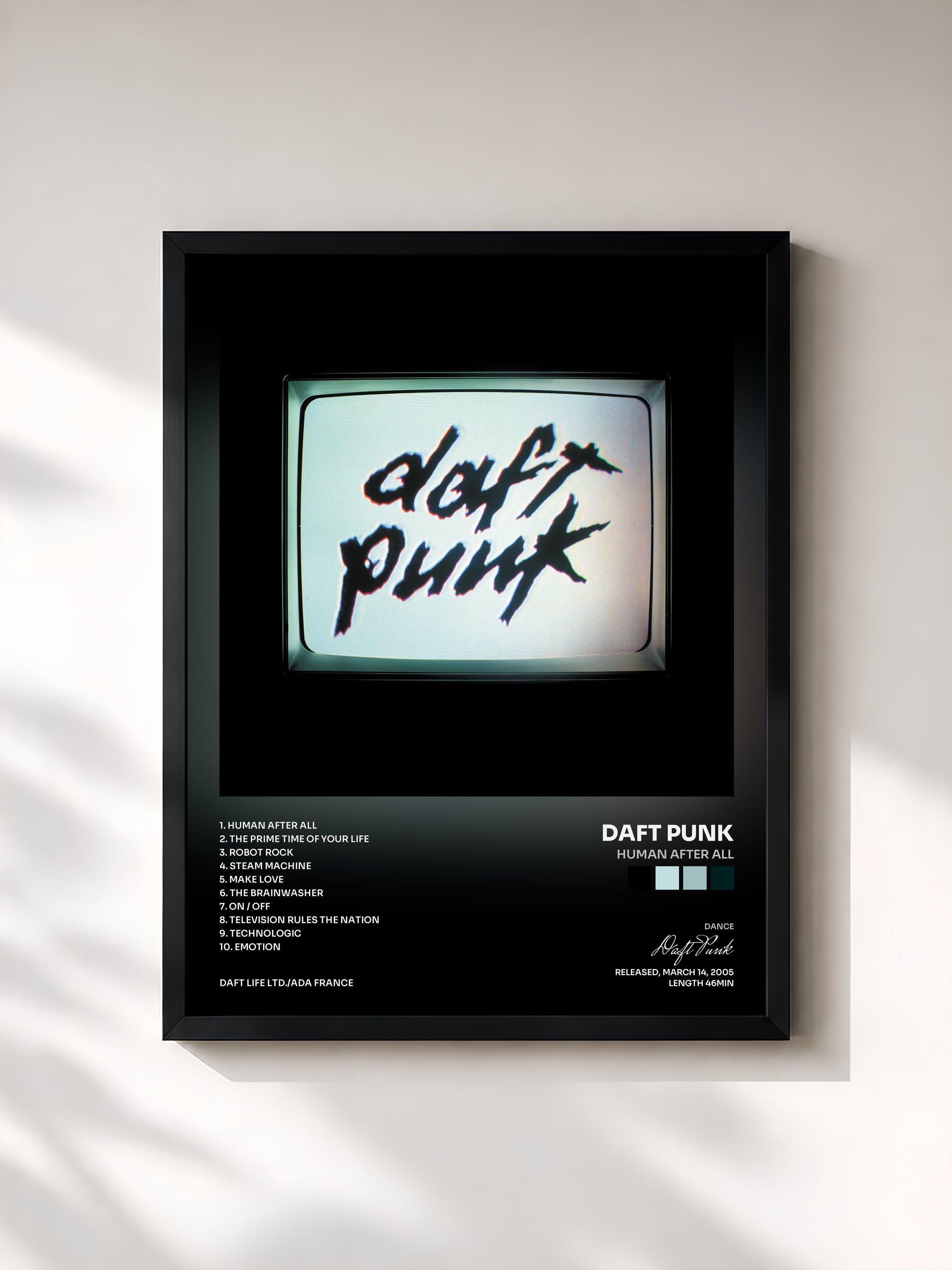#noir Tableau de l'album Human After All de Daft Punk, cadre noir, imprimé et encadré en France