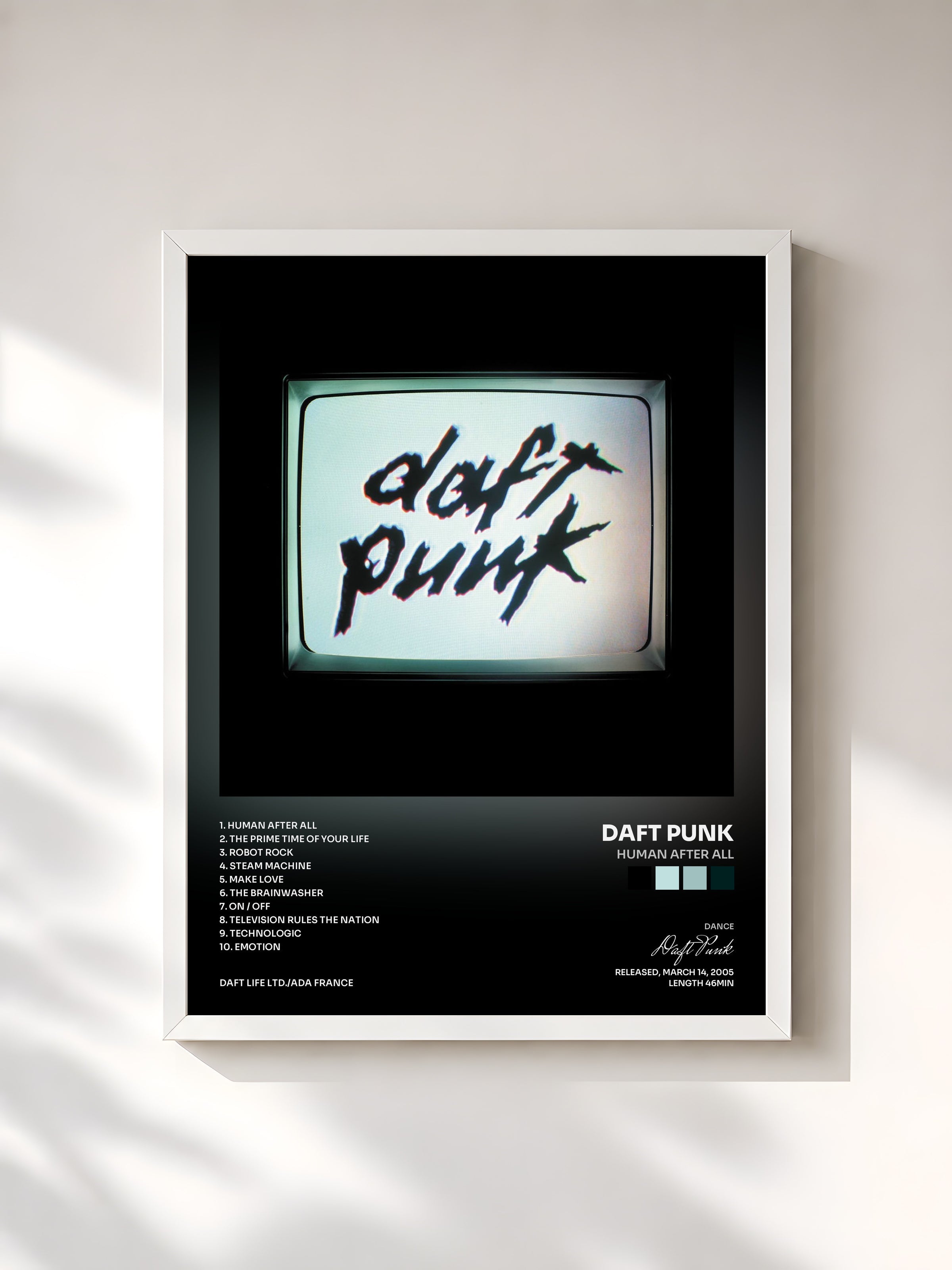 #blanc Tableau de l'album Human After All de Daft Punk, cadre blanc, imprimé et encadré en France