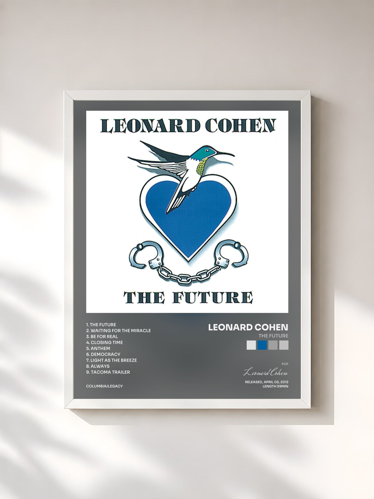 #blanc Tableau de l'album The Future de Leonard Cohen, cadre blanc, imprimé et encadré en France