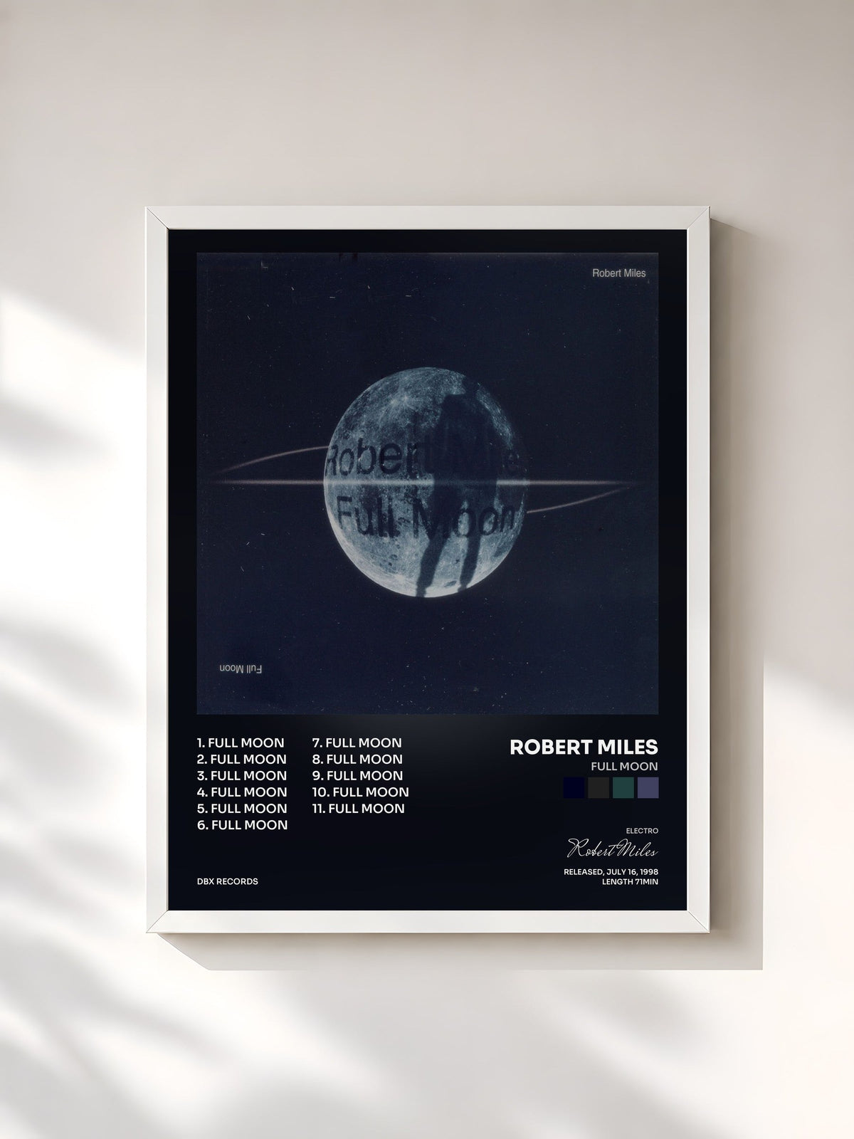#blanc Tableau de l'album Full Moon de Robert Miles, cadre blanc, imprimé et encadré en France