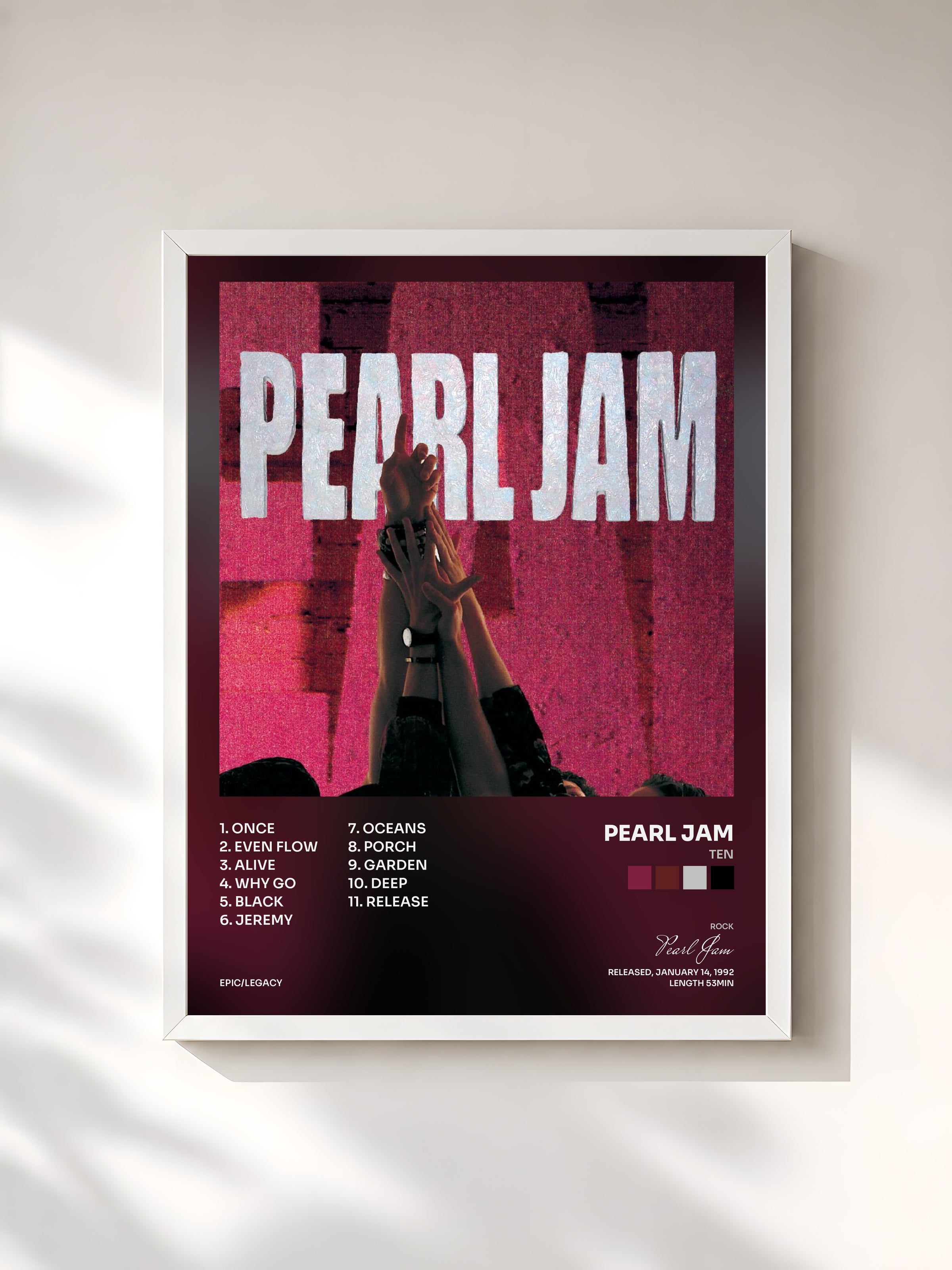 #blanc Tableau de l'album Ten de Pearl Jam, cadre blanc, imprimé et encadré en France