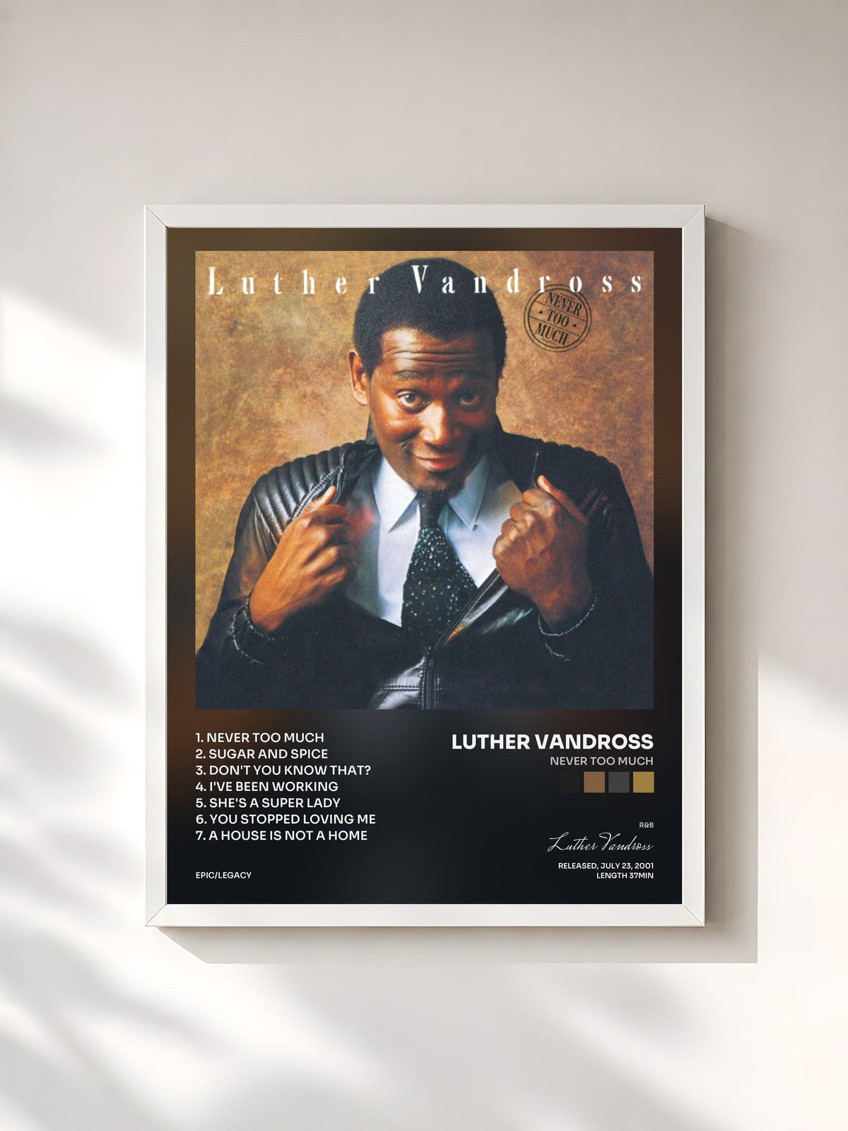 #blanc Tableau de l'album Never Too Much de Luther Vandross, cadre blanc, imprimé et encadré en France