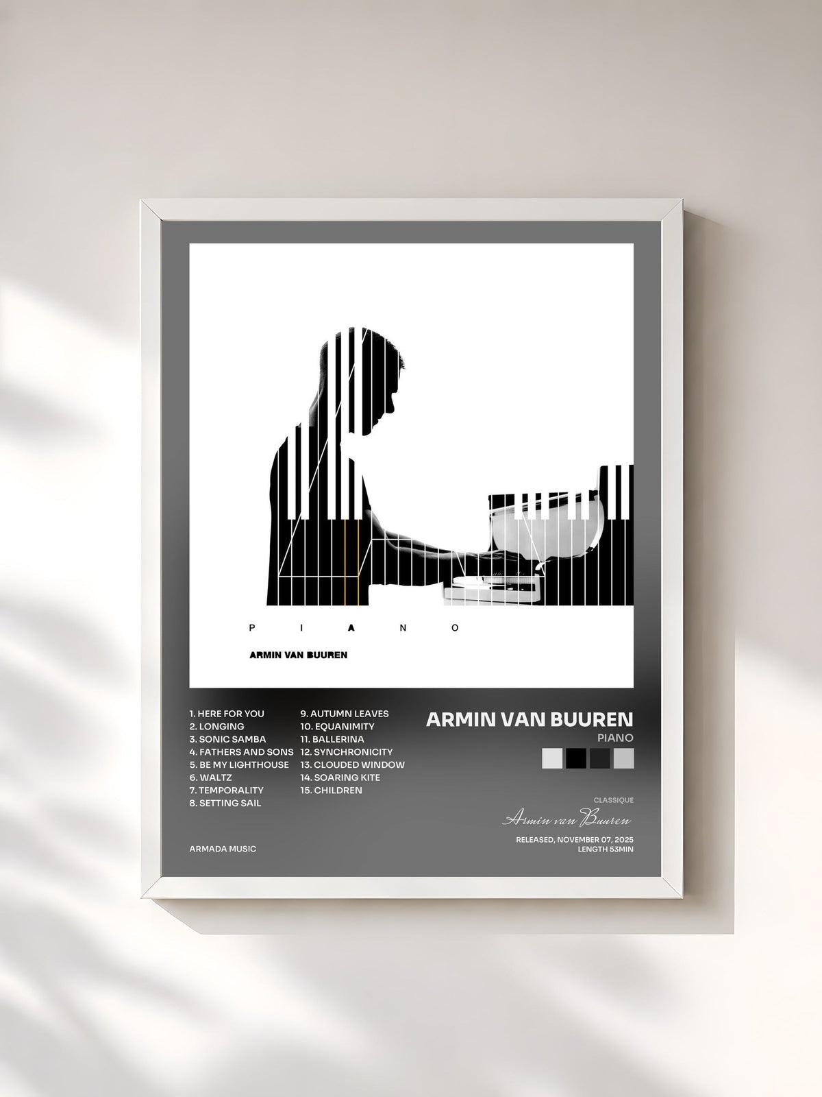 #blanc Tableau de l'album Piano de Armin van Buuren, cadre blanc, imprimé et encadré en France
