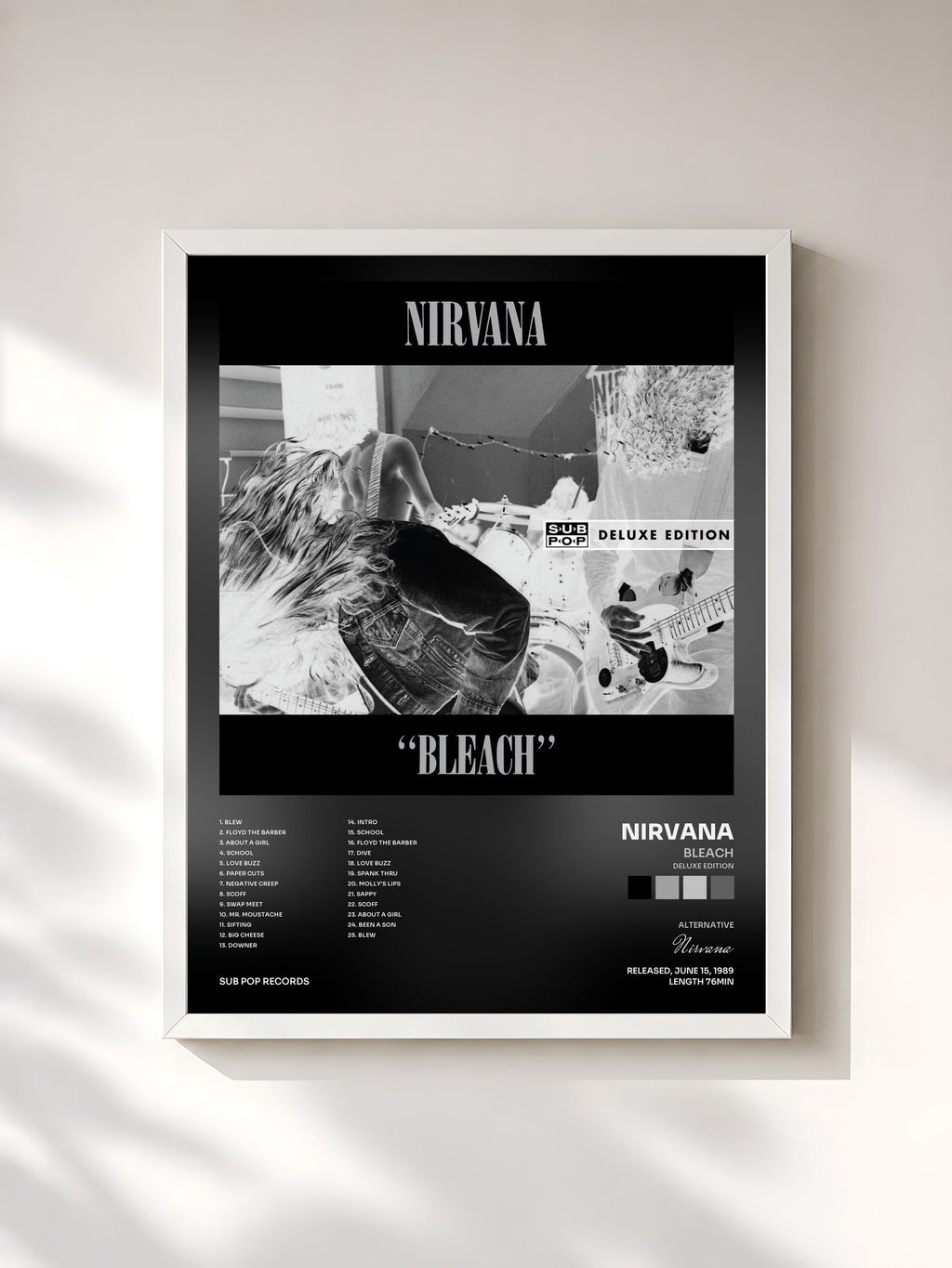 #blanc Tableau de l'album Bleach (Deluxe Edition) de Nirvana, cadre blanc, imprimé et encadré en France