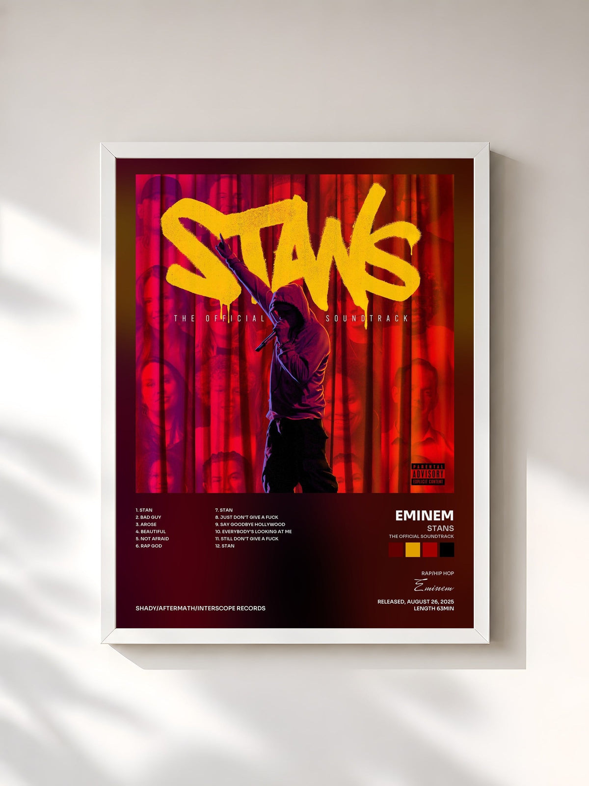 #blanc Tableau de l'album STANS (The Official Soundtrack) de Eminem, cadre blanc, imprimé et encadré en France