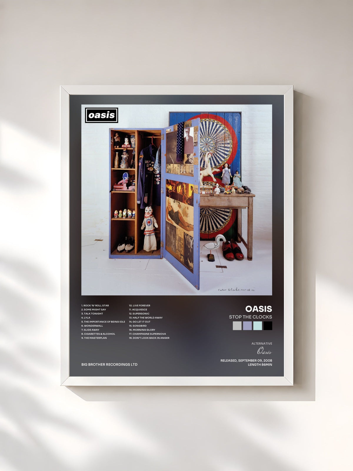 #blanc Tableau de l'album Stop The Clocks de Oasis, cadre blanc, imprimé et encadré en France