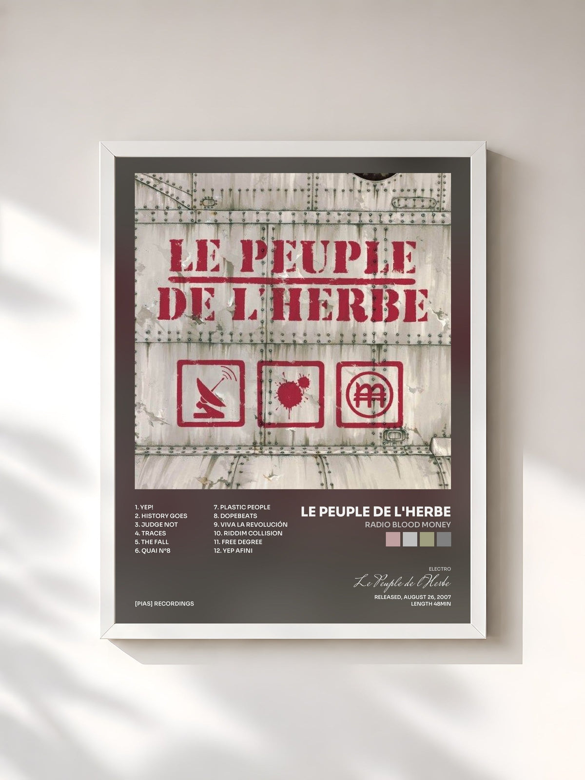 #blanc Tableau de l'album Radio Blood Money de Le Peuple de l'Herbe, cadre blanc, imprimé et encadré en France