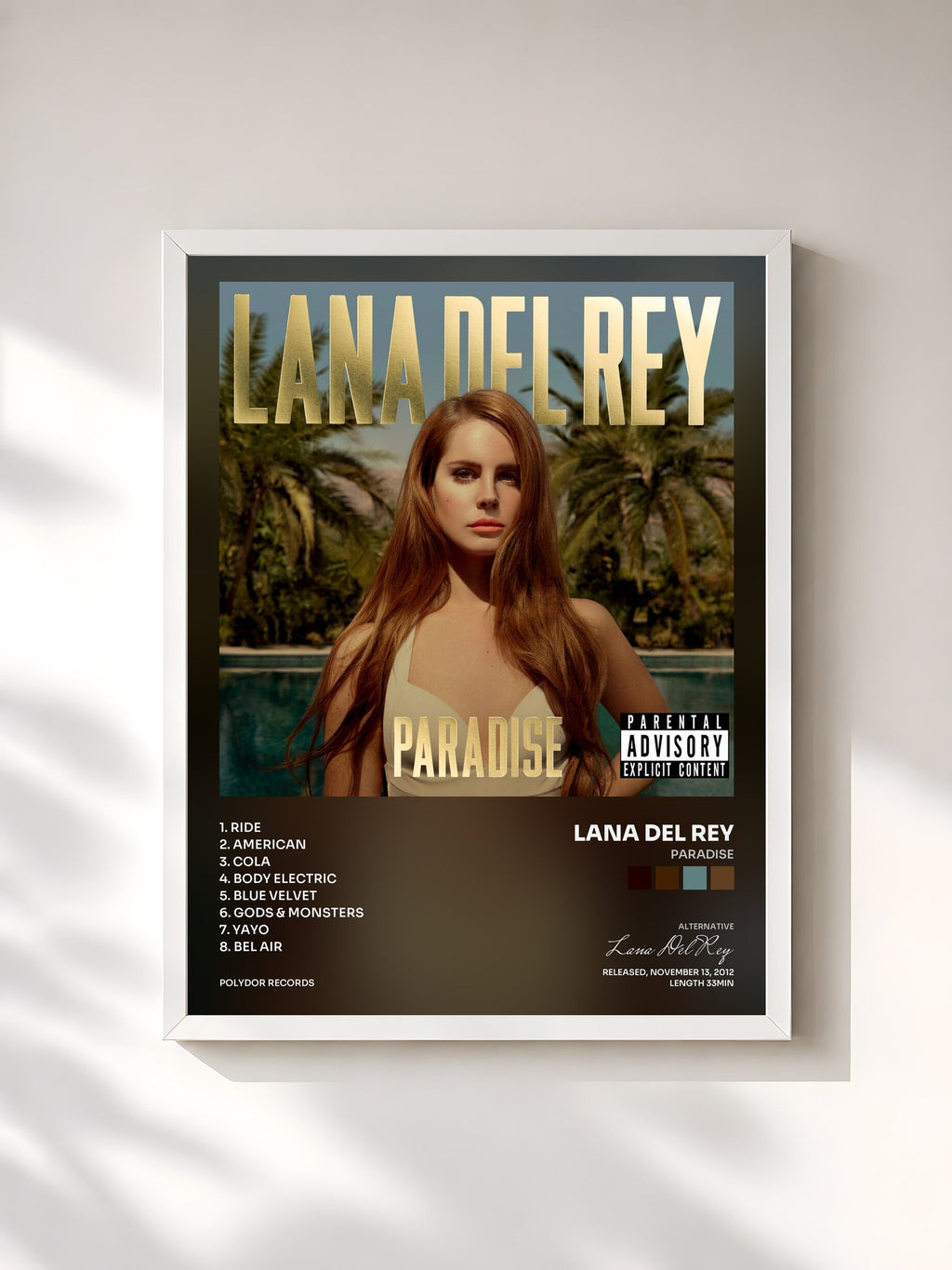 #blanc Tableau de l'album Paradise de Lana Del Rey, cadre blanc, imprimé et encadré en France