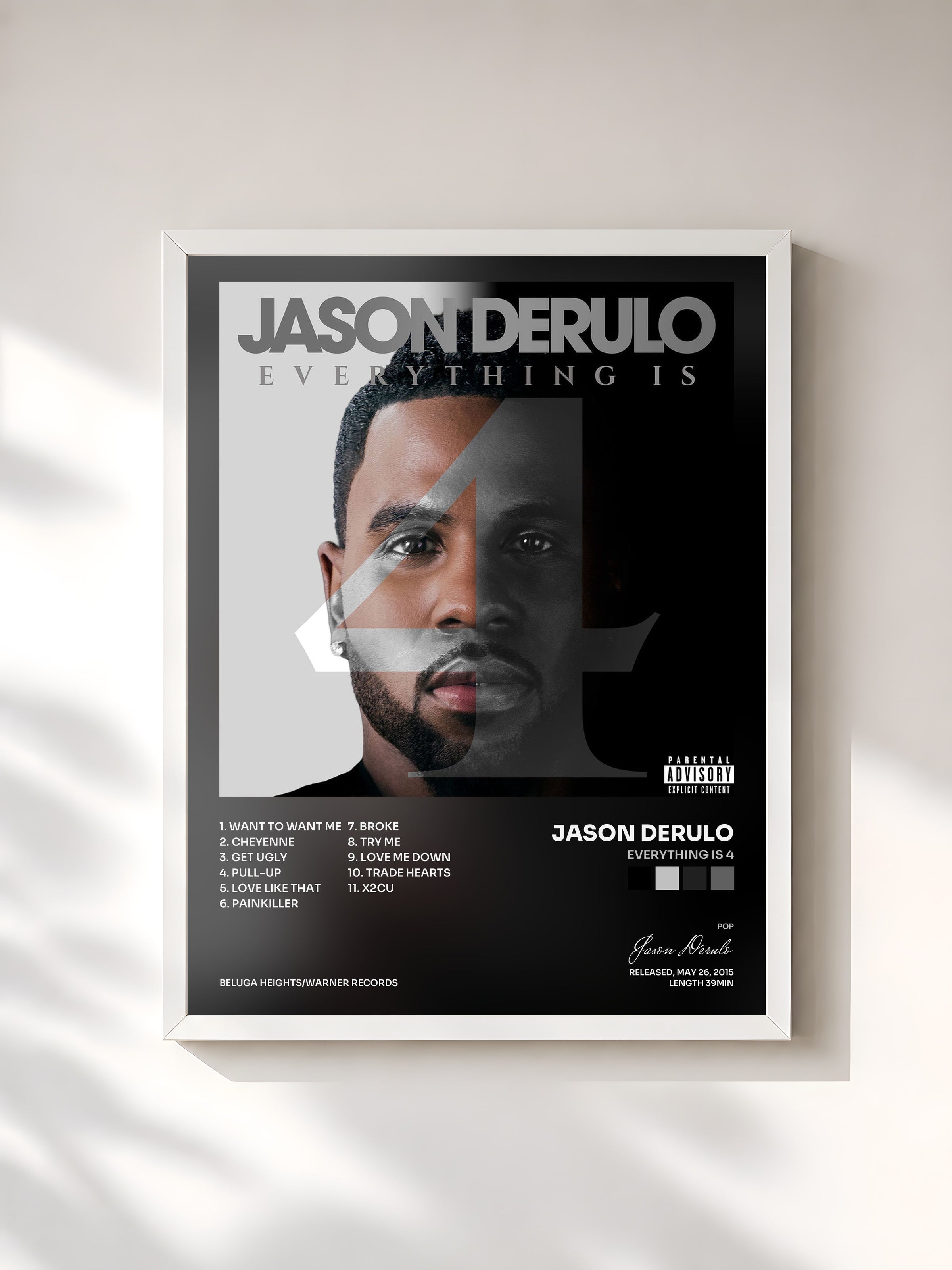 #blanc Tableau de l'album Everything Is 4 de Jason Derulo, cadre blanc, imprimé et encadré en France