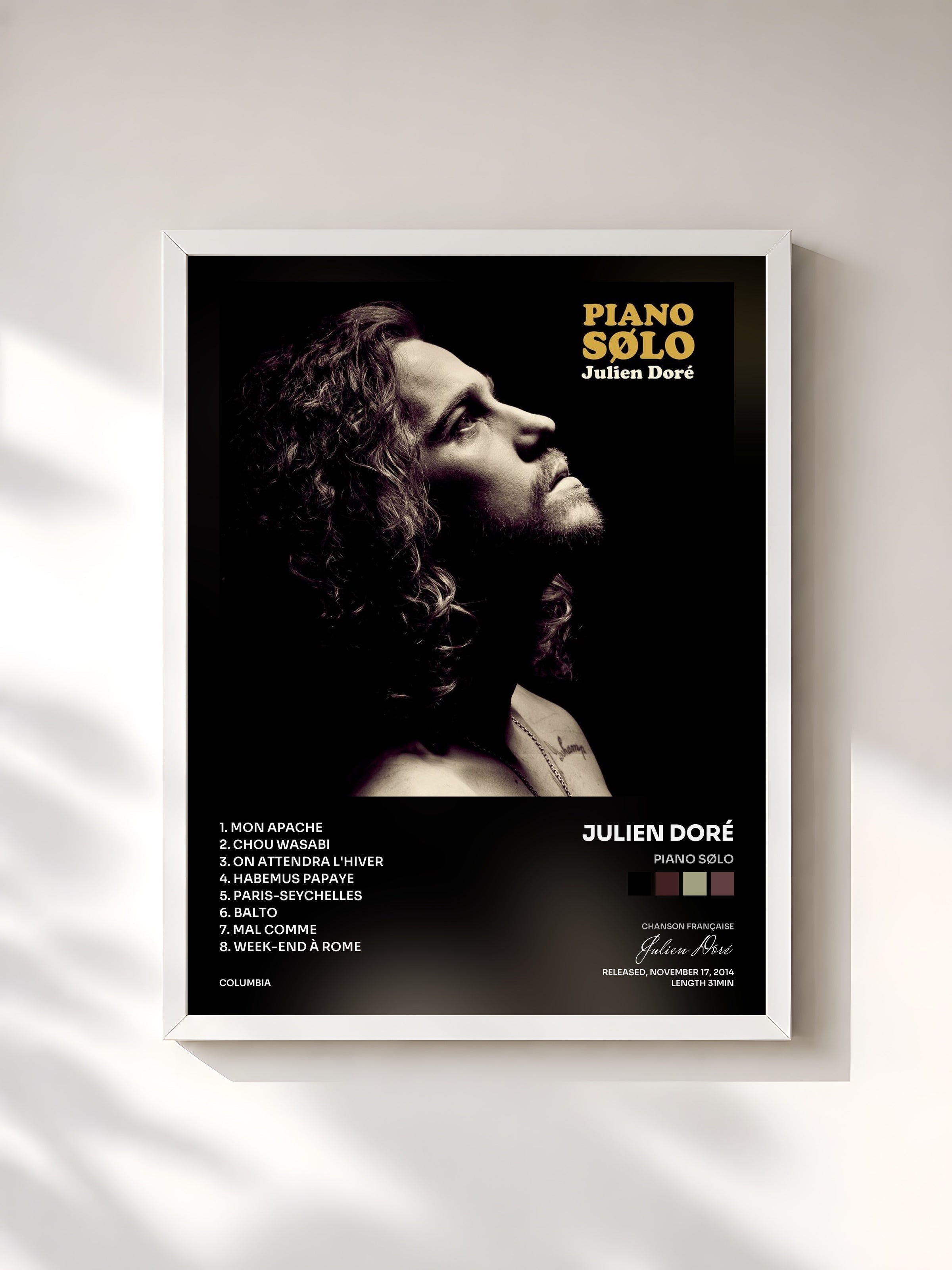 #blanc Tableau de l'album Piano SØLO de Julien Doré, cadre blanc, imprimé et encadré en France