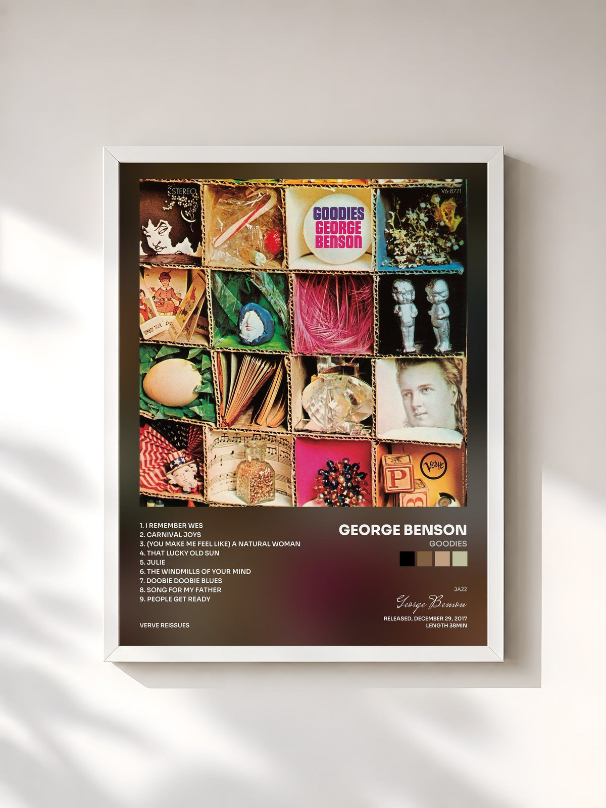 #blanc Tableau de l'album Goodies de George Benson, cadre blanc, imprimé et encadré en France