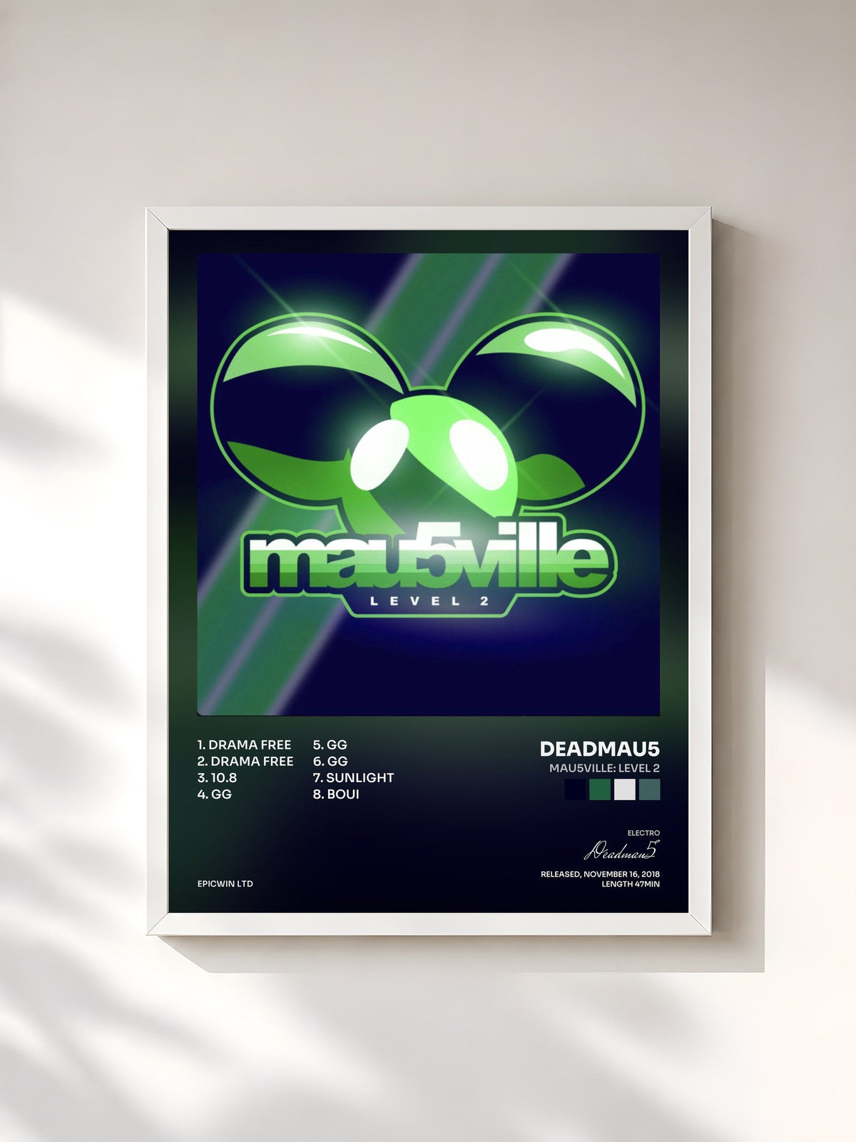 #blanc Tableau de l'album mau5ville: Level 2 de Deadmau5, cadre blanc, imprimé et encadré en France