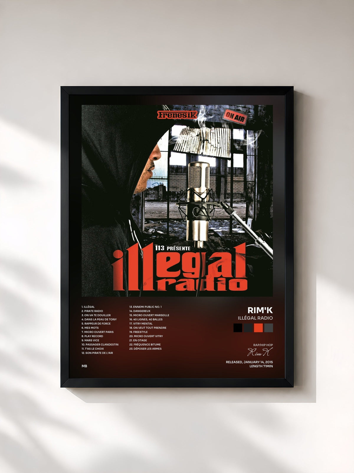 #noir Tableau de l'album Illégal radio de Rim'K, cadre noir, imprimé et encadré en France