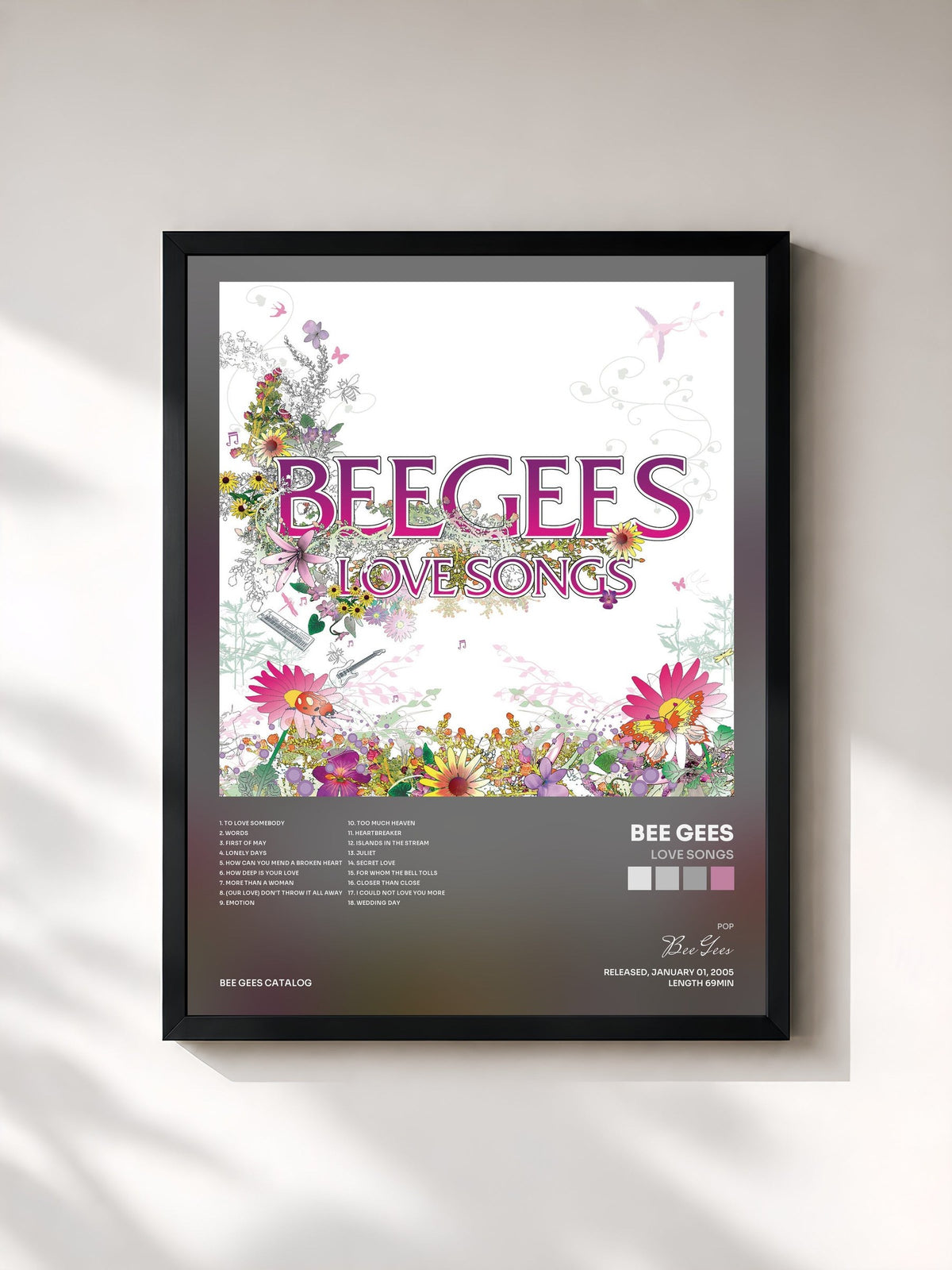 #noir Tableau de l'album Love Songs de Bee Gees, cadre noir, imprimé et encadré en France