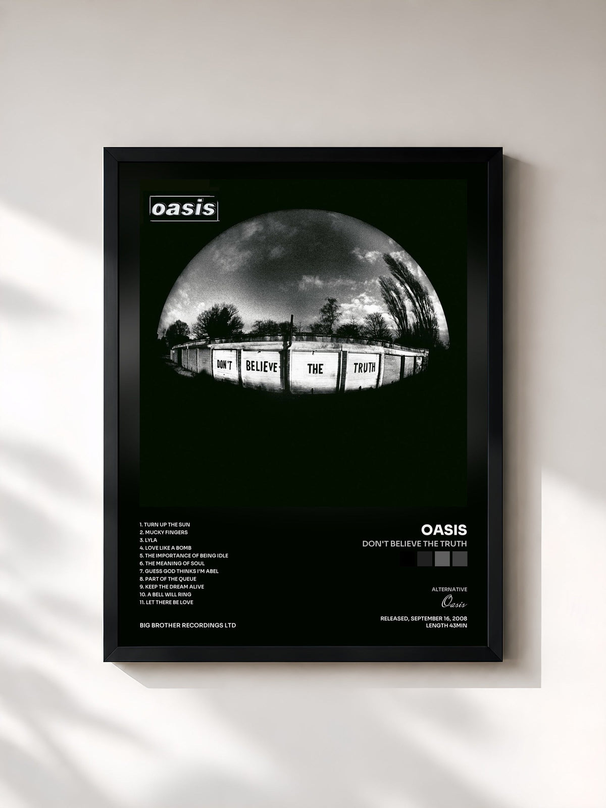 #noir Tableau de l'album Don't Believe The Truth de Oasis, cadre noir, imprimé et encadré en France