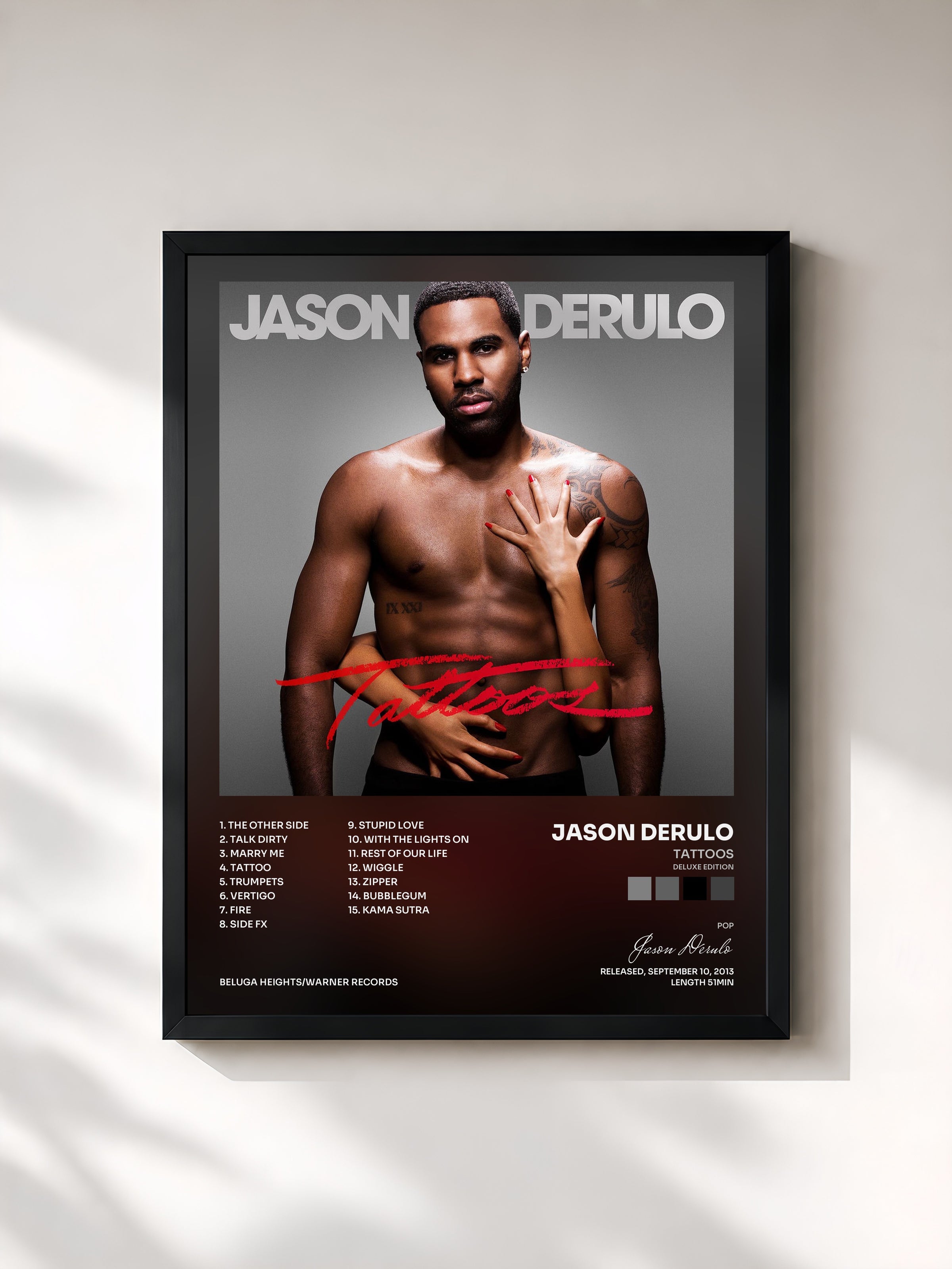 #noir Tattoos (Deluxe Edition) by Jason Derulo as a framed art print, black frame, printed and framed in France