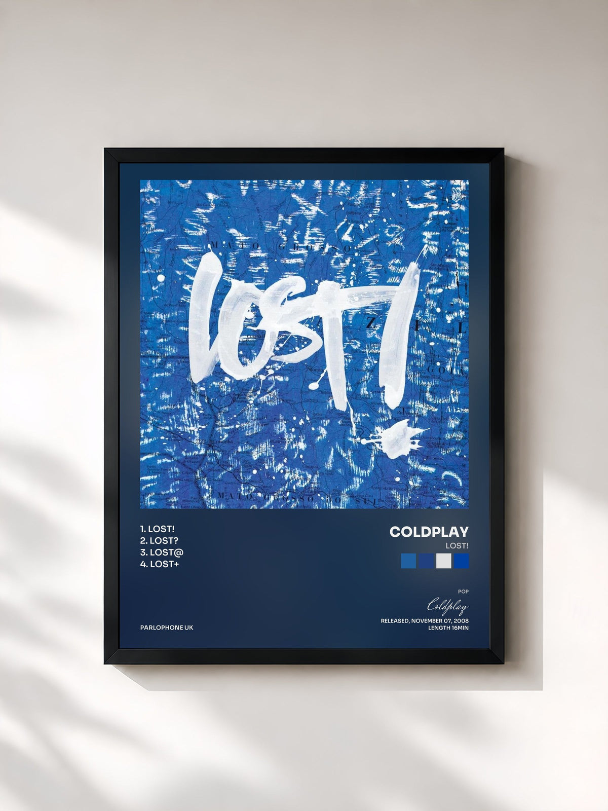 #noir Tableau de l'album Lost! de Coldplay, cadre noir, imprimé et encadré en France
